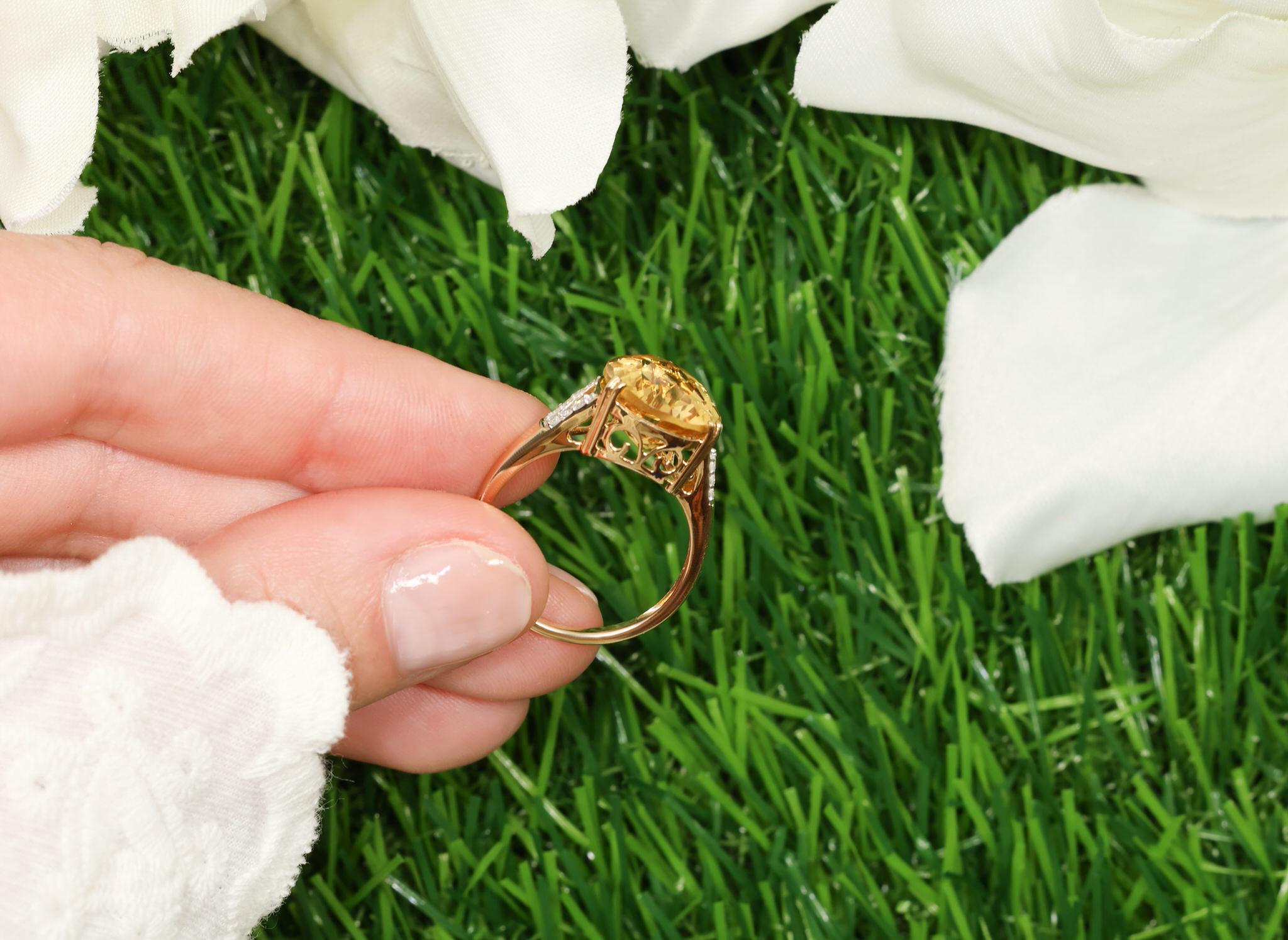Women's or Men's Citrine Ring With Diamonds 7.37 Carats 14K Yellow Gold For Sale