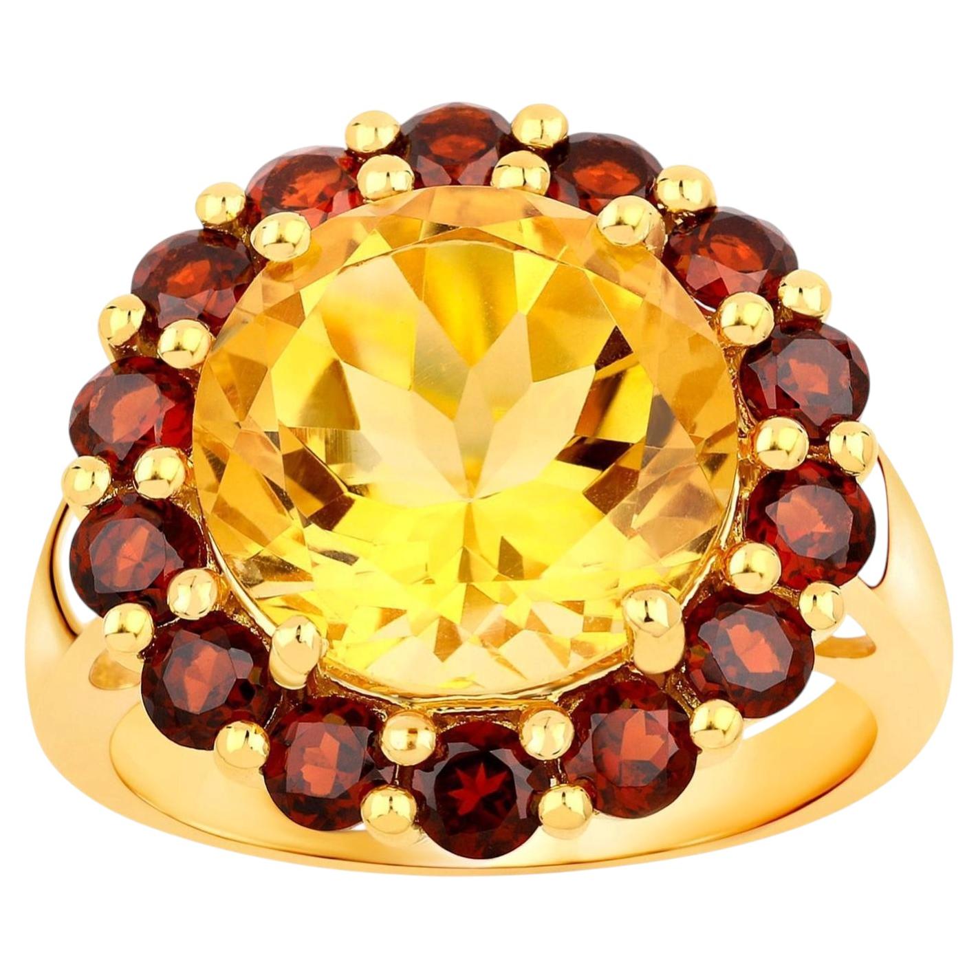 Anillo de citrino con granate de 7,24 quilates, plata chapada en oro