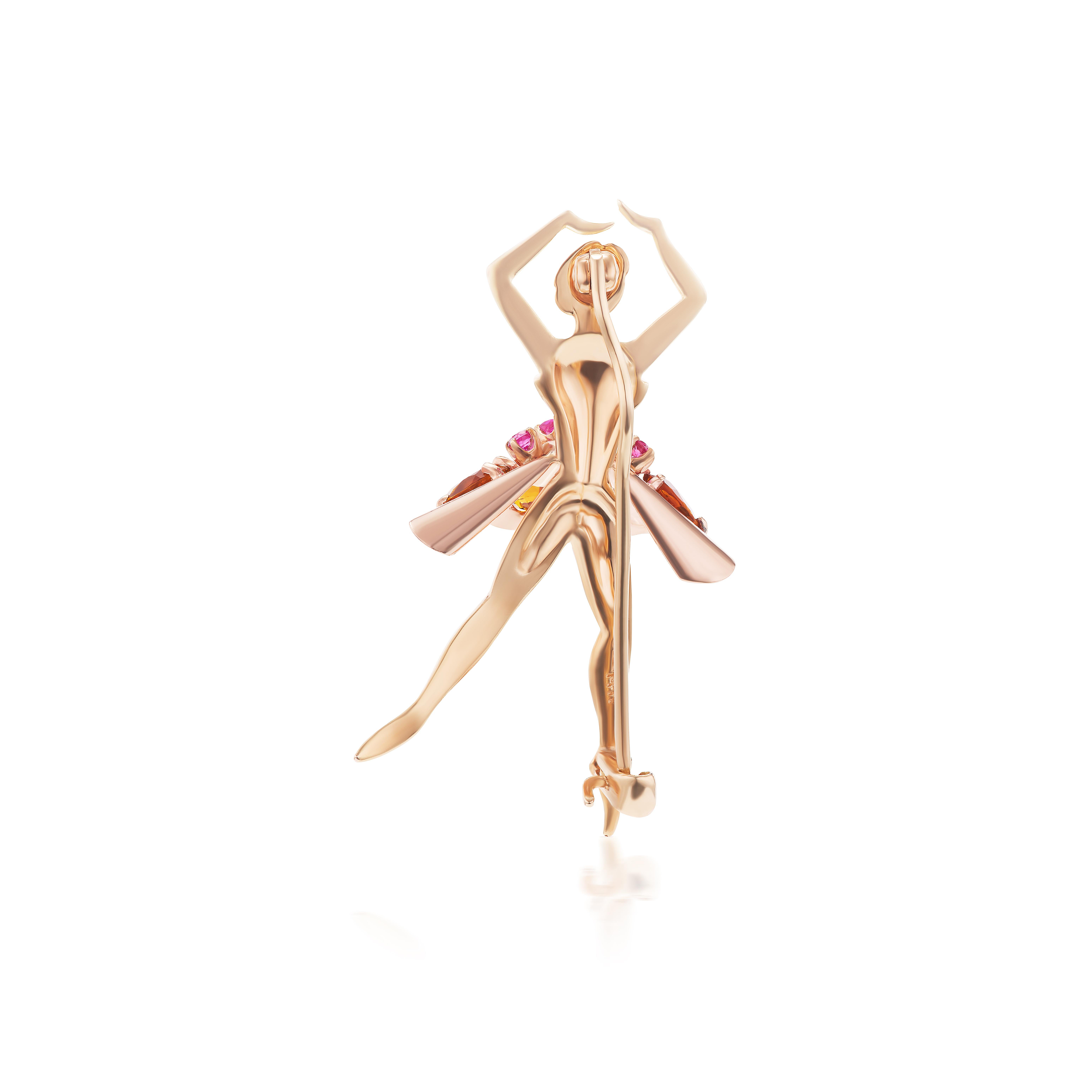 Hübsches und süßes Design einer hüpfenden Ballerina mit ovalen Zitrinen und runden Rubinen in 14K Gold. Die Poesie der Bewegung, die durch das Kleid der Tänzerin und die erhobenen Arme in dieser Brosche eingefangen wird, ist ein schöner Akzent für