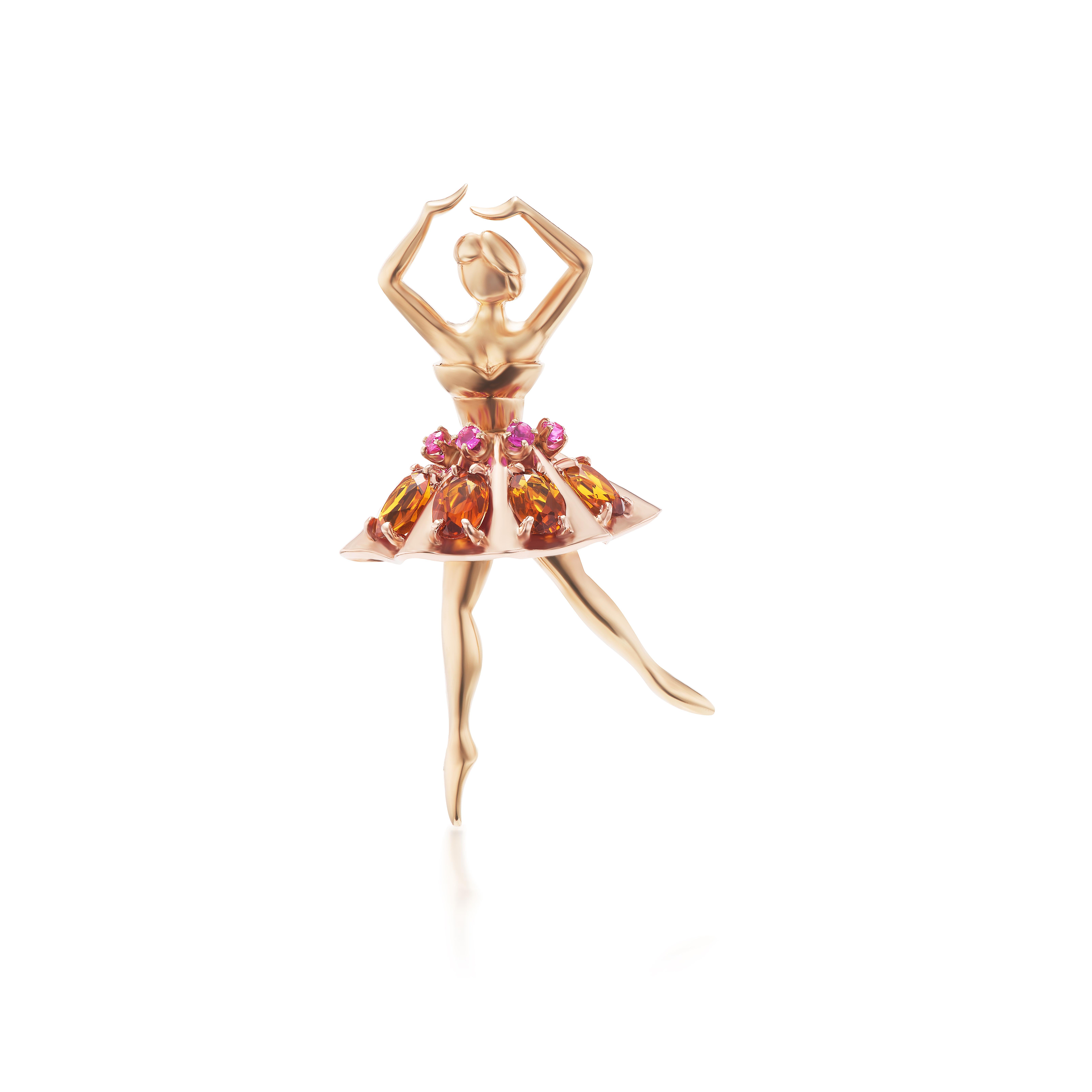 Retro 1960's Citrine, Ruby, and Gold Ballerina Dancer Brooch For Sale