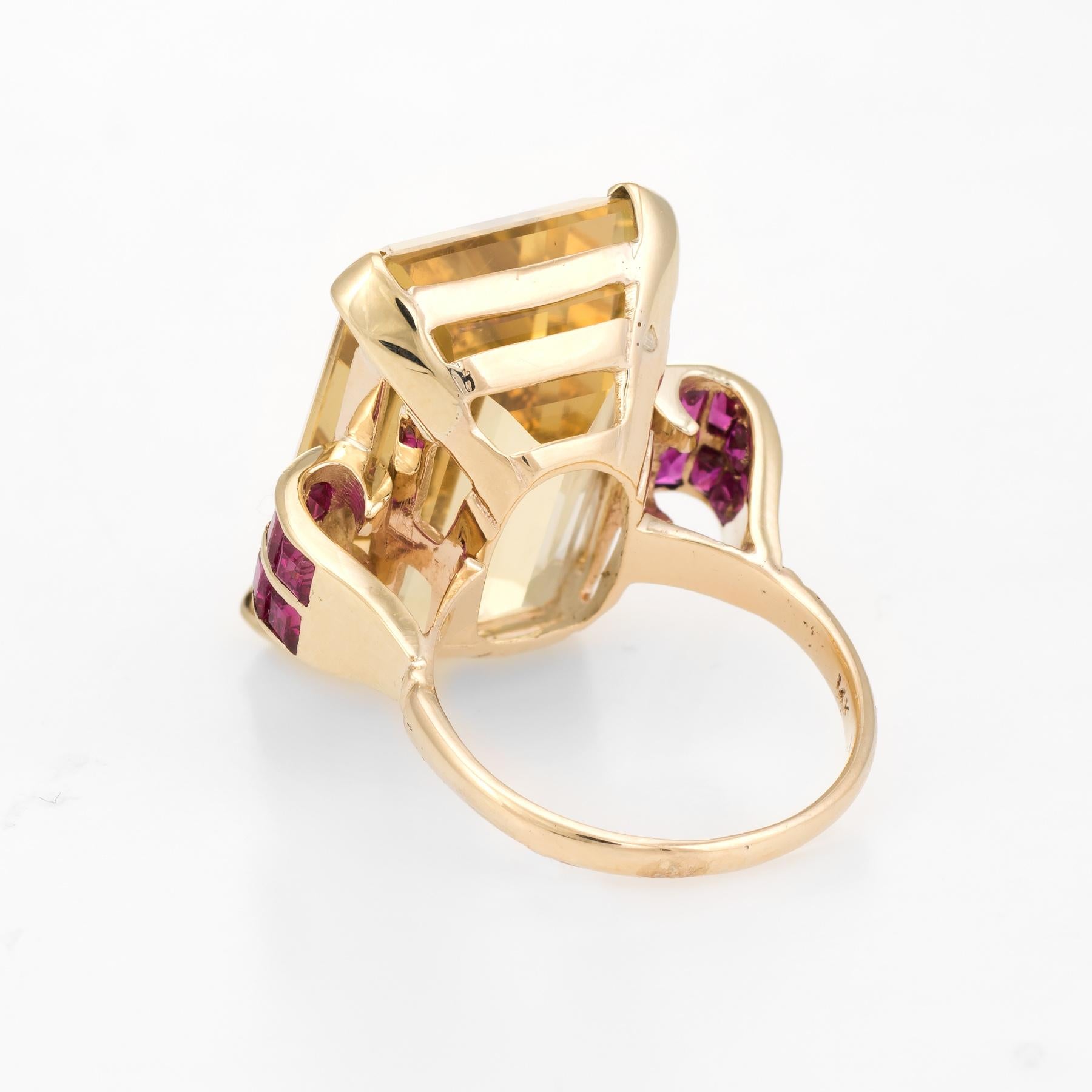 Emerald Cut Citrine Ruby Cocktail Ring Vintage 14 Karat Gold Large Statement Ring Jewelry