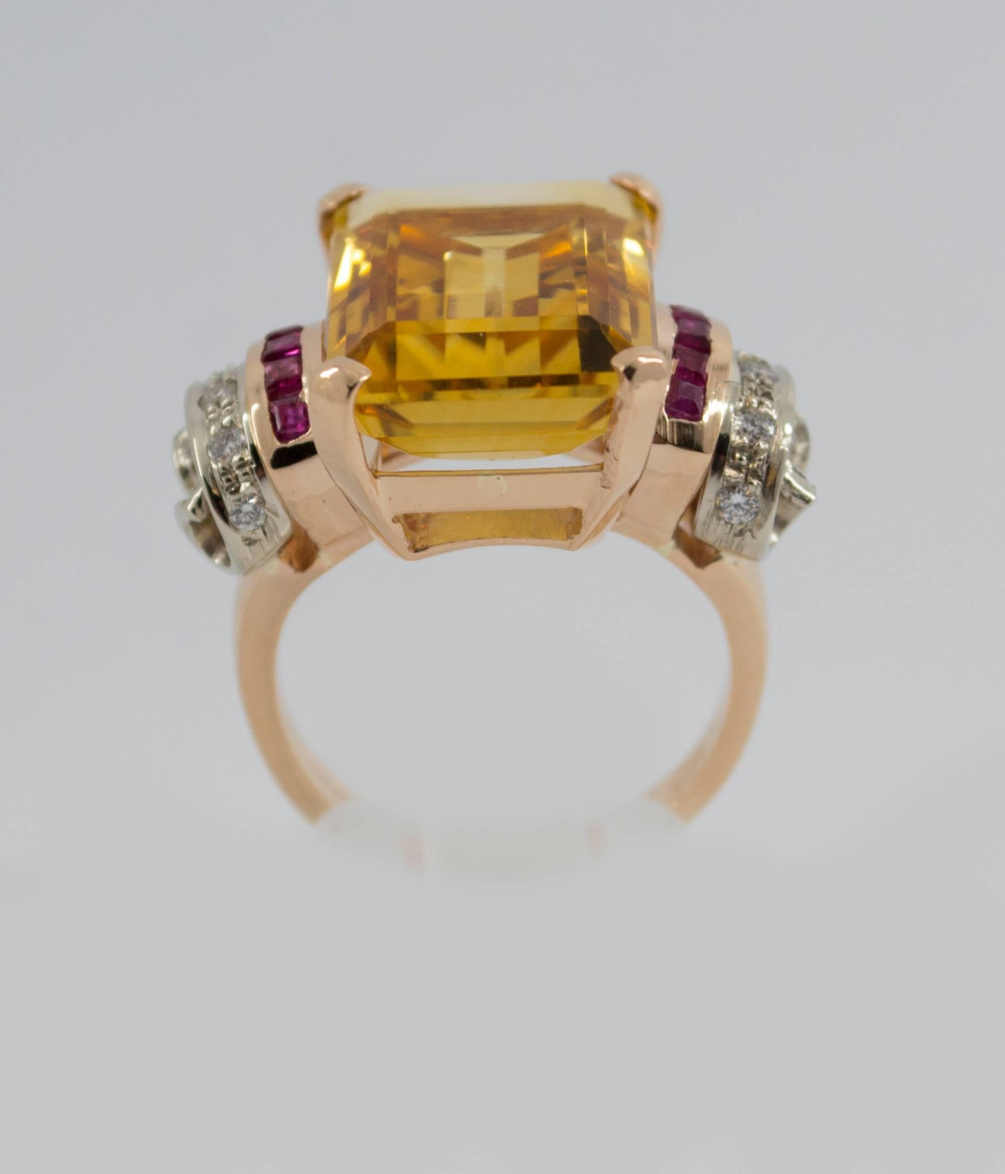 This Ring is made of 14K Yellow Gold.
This Ring has 0.15 Carats of Rubies.
This Ring has 0.30 Carats of Diamonds.
This Ring has a Citrine (16.2mm x 12.1mm x 5.0mm).
Size ITA: 14 USA: 7
We're a workshop so every piece is handmade, customizable and