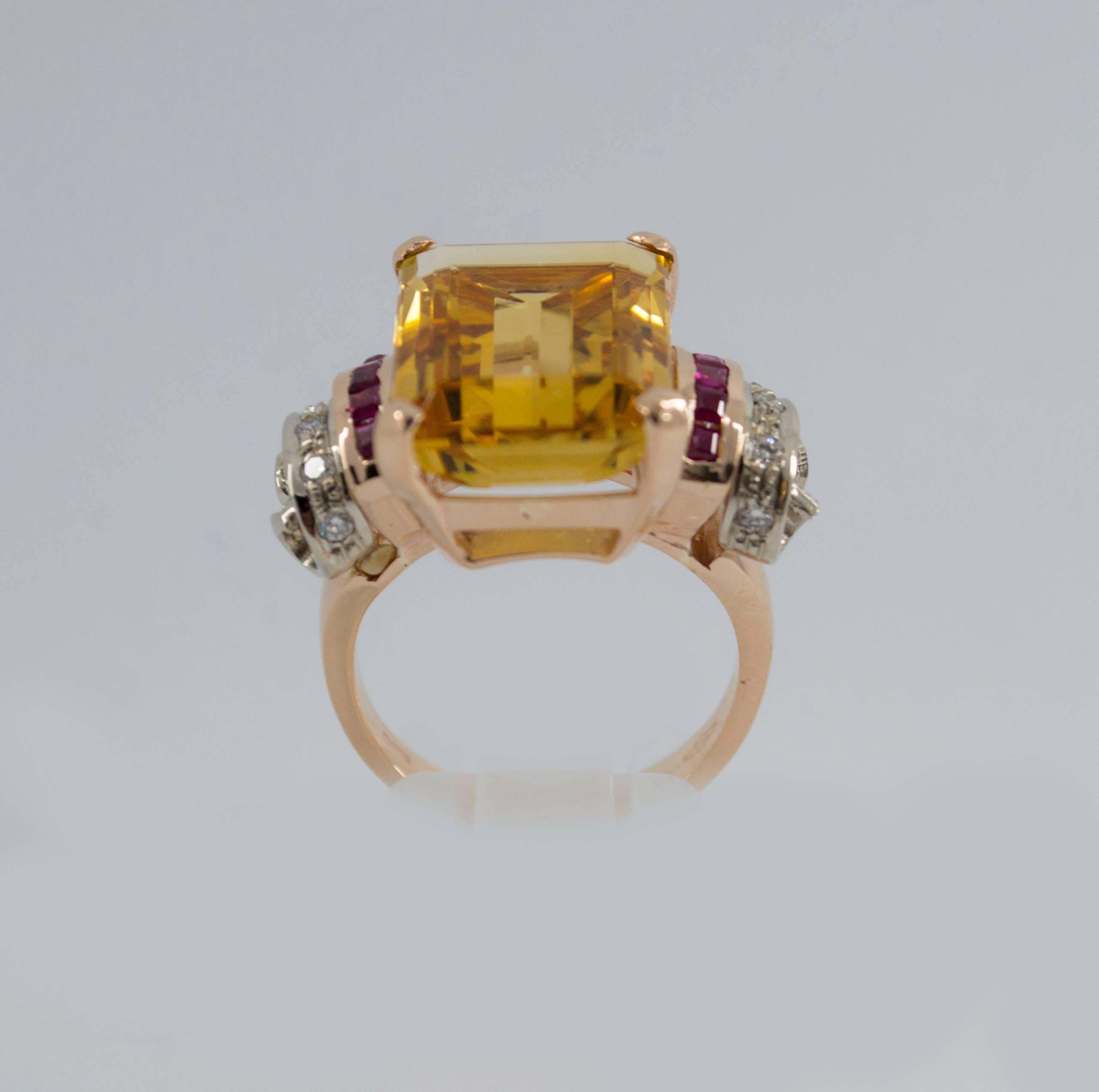 Art Deco Citrine Ruby Diamond Yellow Gold Cocktail Ring