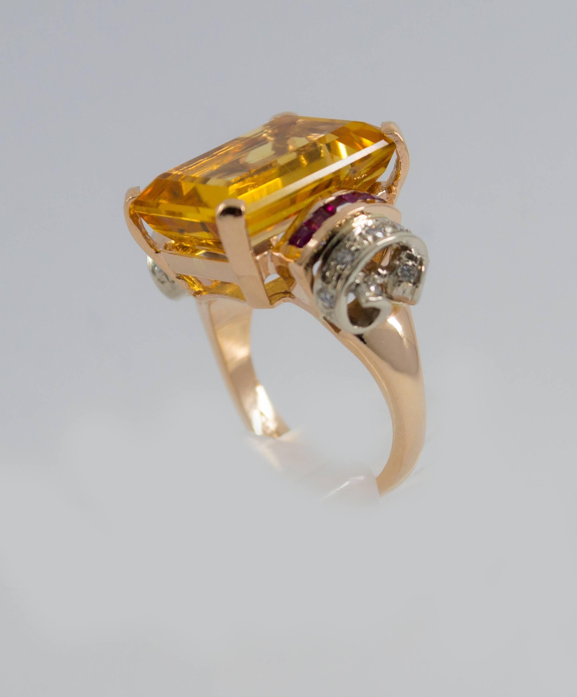 Women's or Men's Citrine Ruby Diamond Yellow Gold Cocktail Ring