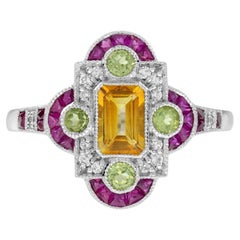 Citrine Ruby Peridot Diamond Geometric Ring in 14K White Gold