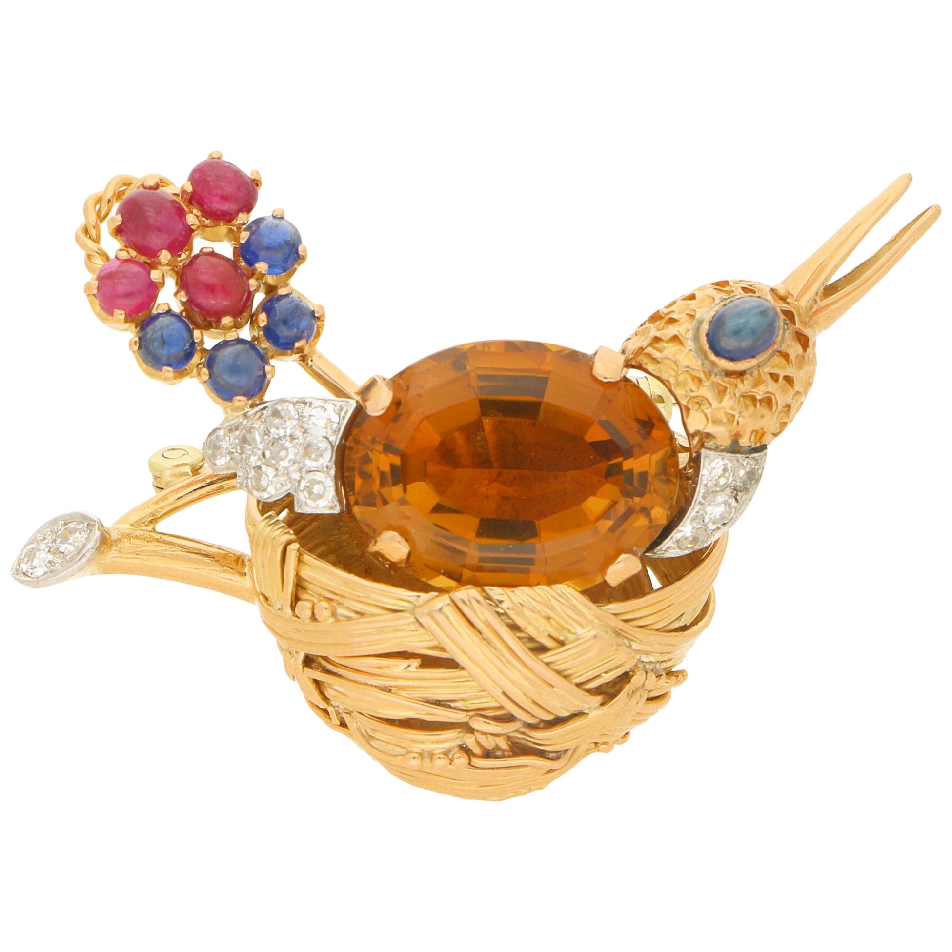 Citrine, Ruby, Sapphire and Diamond Nesting Bird Brooch Set in 18 Karat Gold For Sale