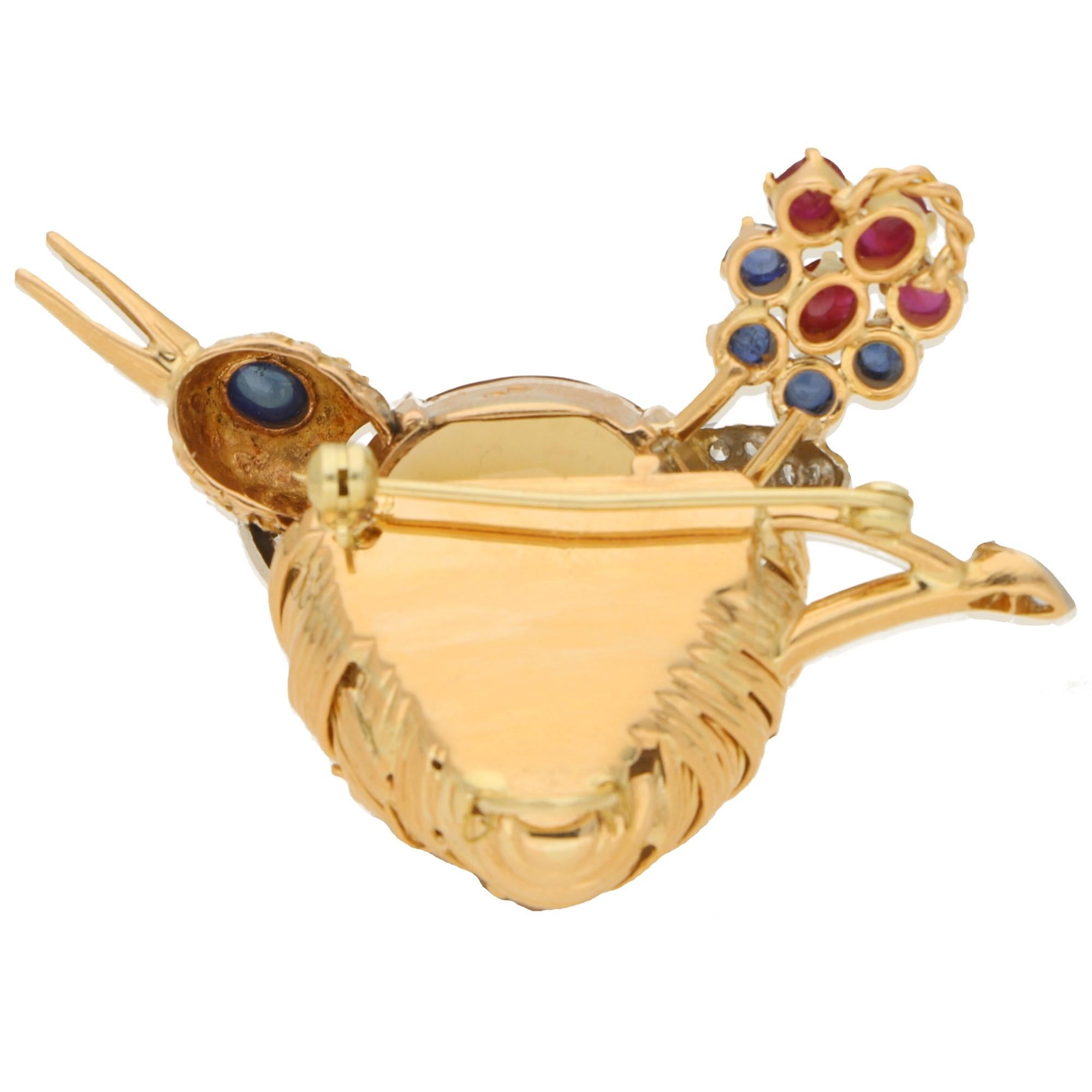 Modernist Citrine, Ruby, Sapphire and Diamond Nesting Bird Brooch Set in 18 Karat Gold For Sale