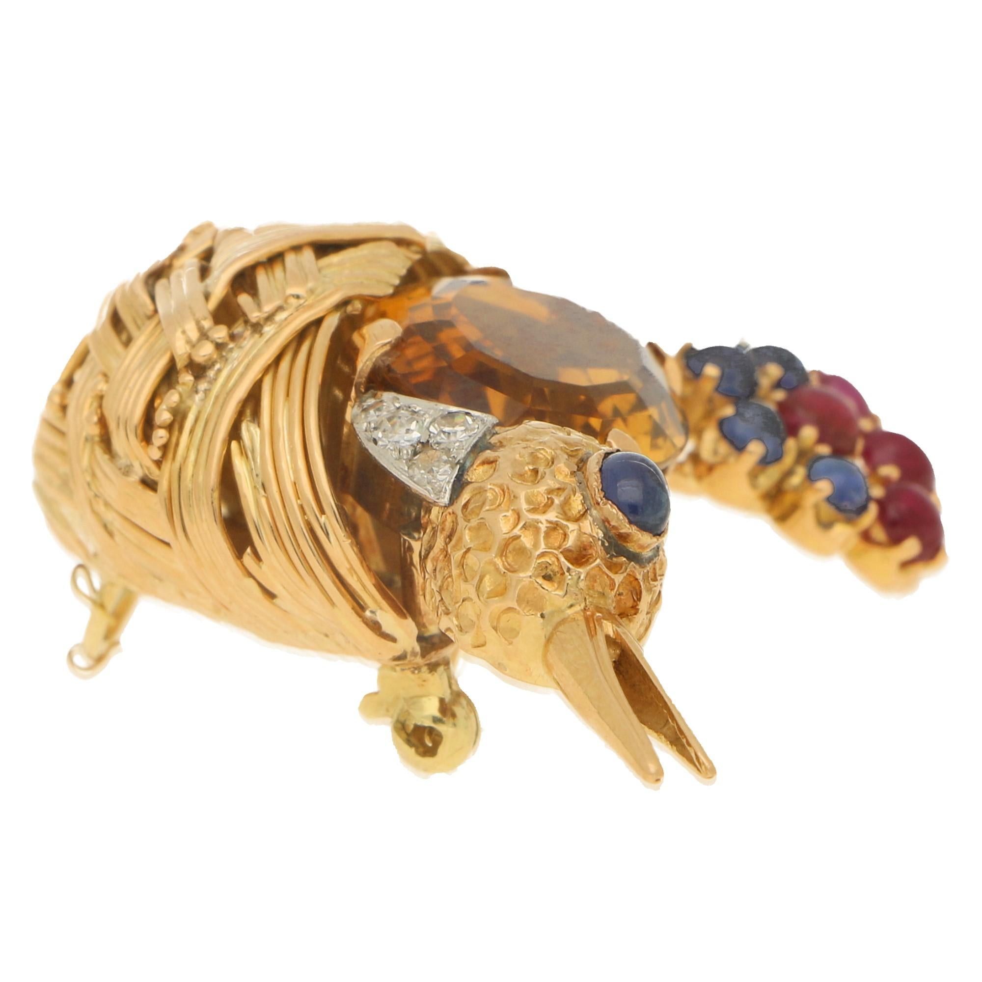 Oval Cut Citrine, Ruby, Sapphire and Diamond Nesting Bird Brooch Set in 18 Karat Gold For Sale