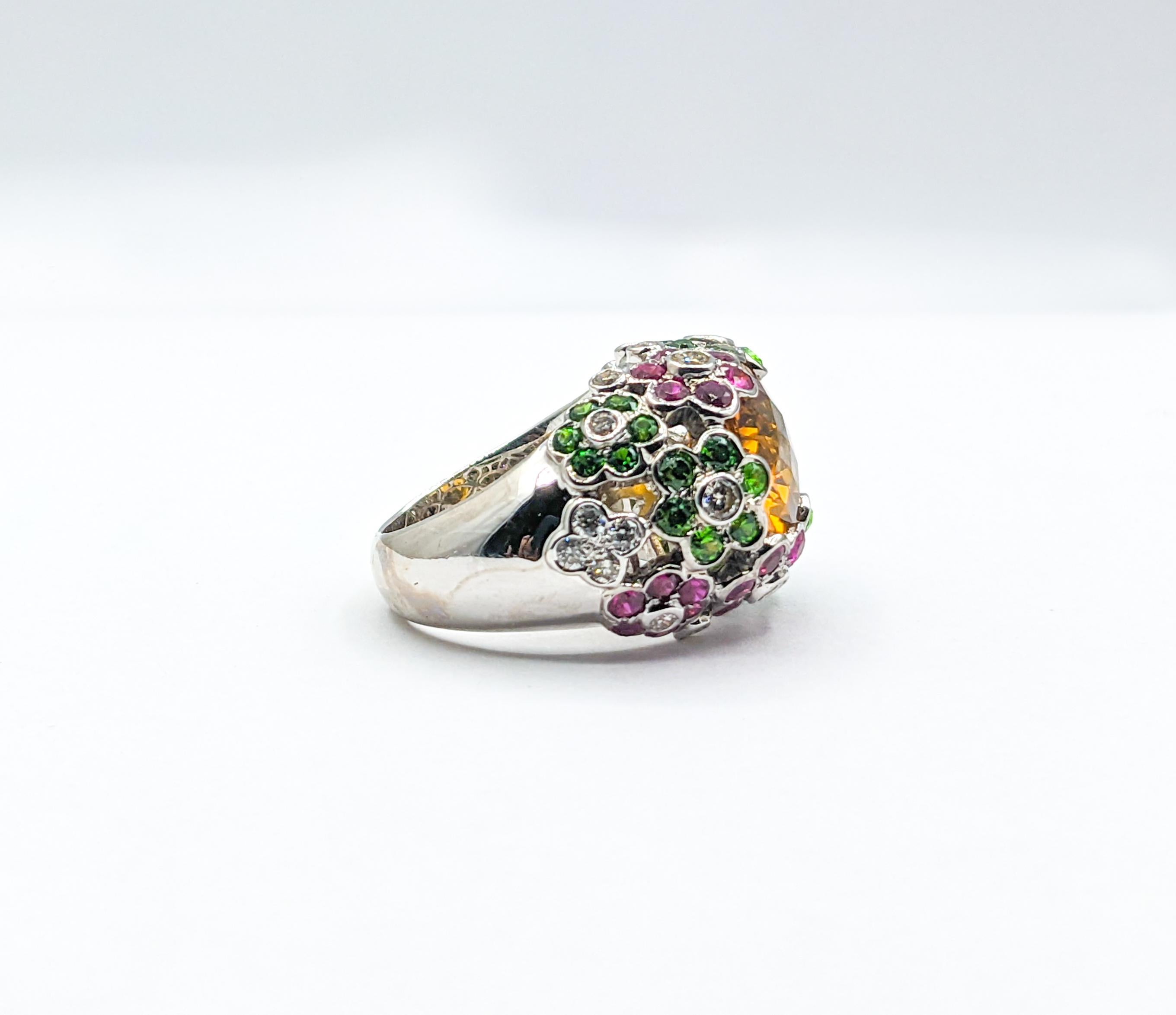 Citrine, Ruby, Tsavorite & Diamond Ring In 18k White Gold  In Excellent Condition For Sale In Bloomington, MN