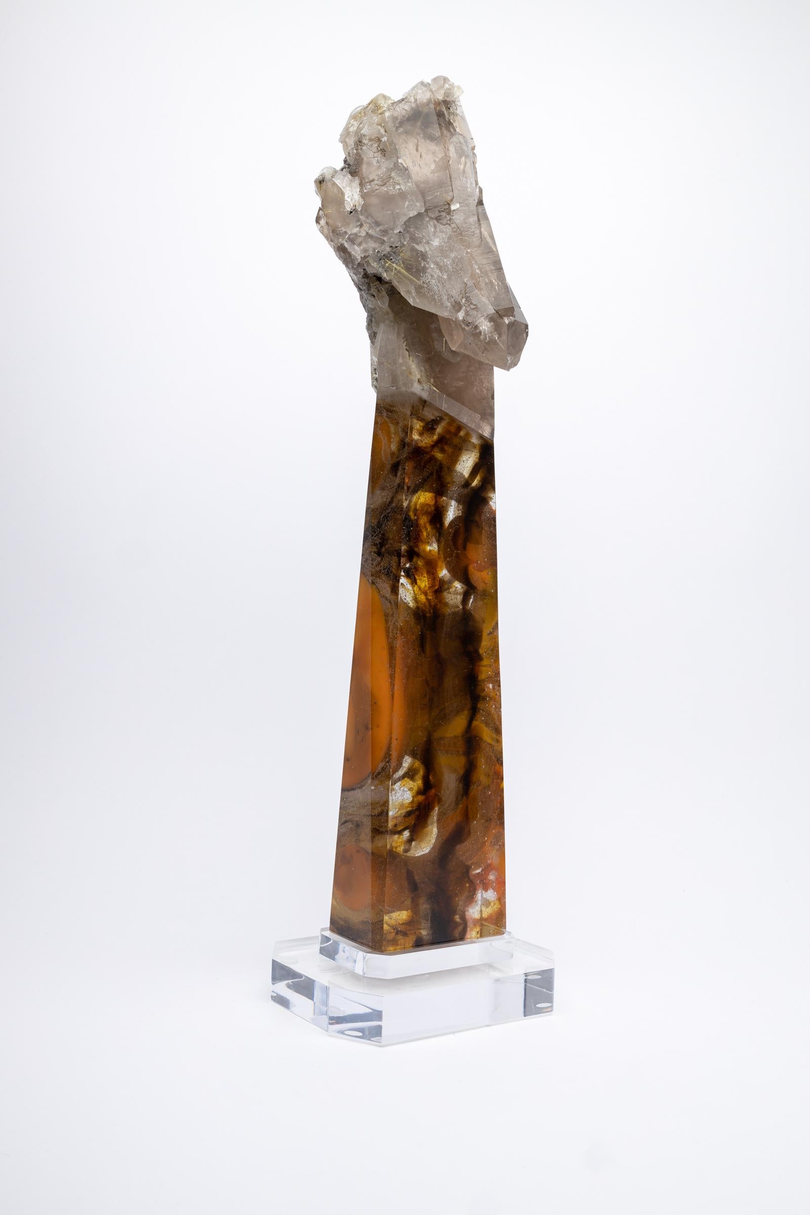 Organic Modern Citrine Rutilated Quartz and Glass Sculpture on Acrylic Base For Sale