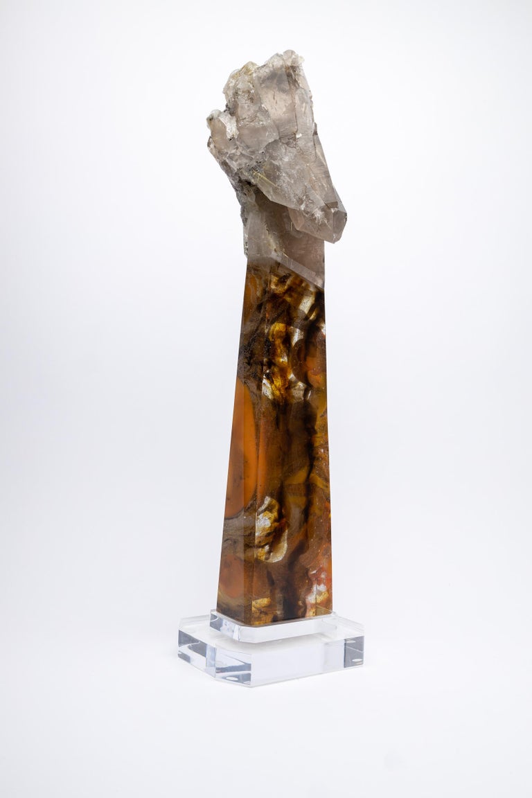 Mexican Citrine Rutilated Quartz and Glass Sculpture on Acrylic Base For Sale