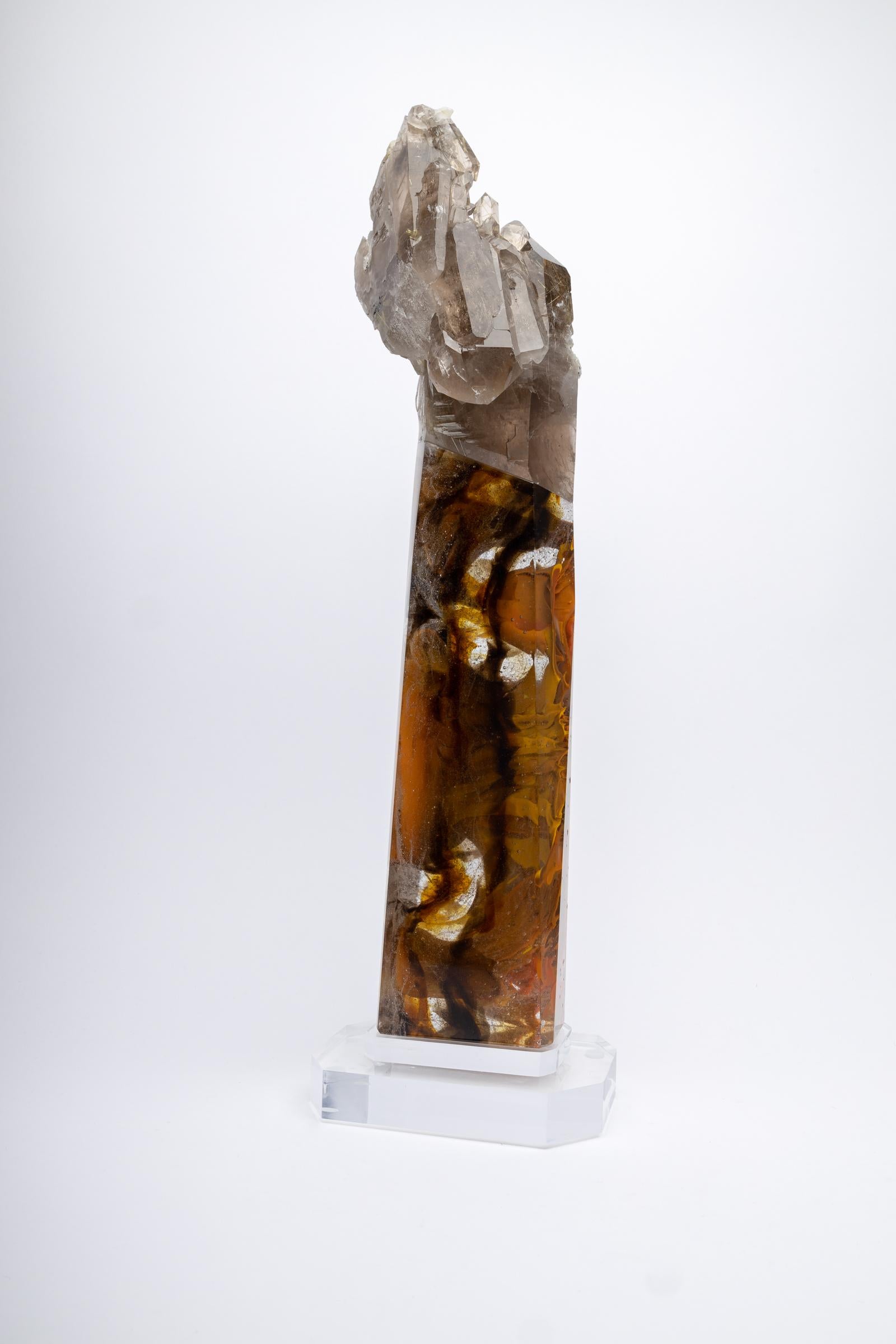 Mexican Citrine Rutilated Quartz and Glass Sculpture on Acrylic Base For Sale