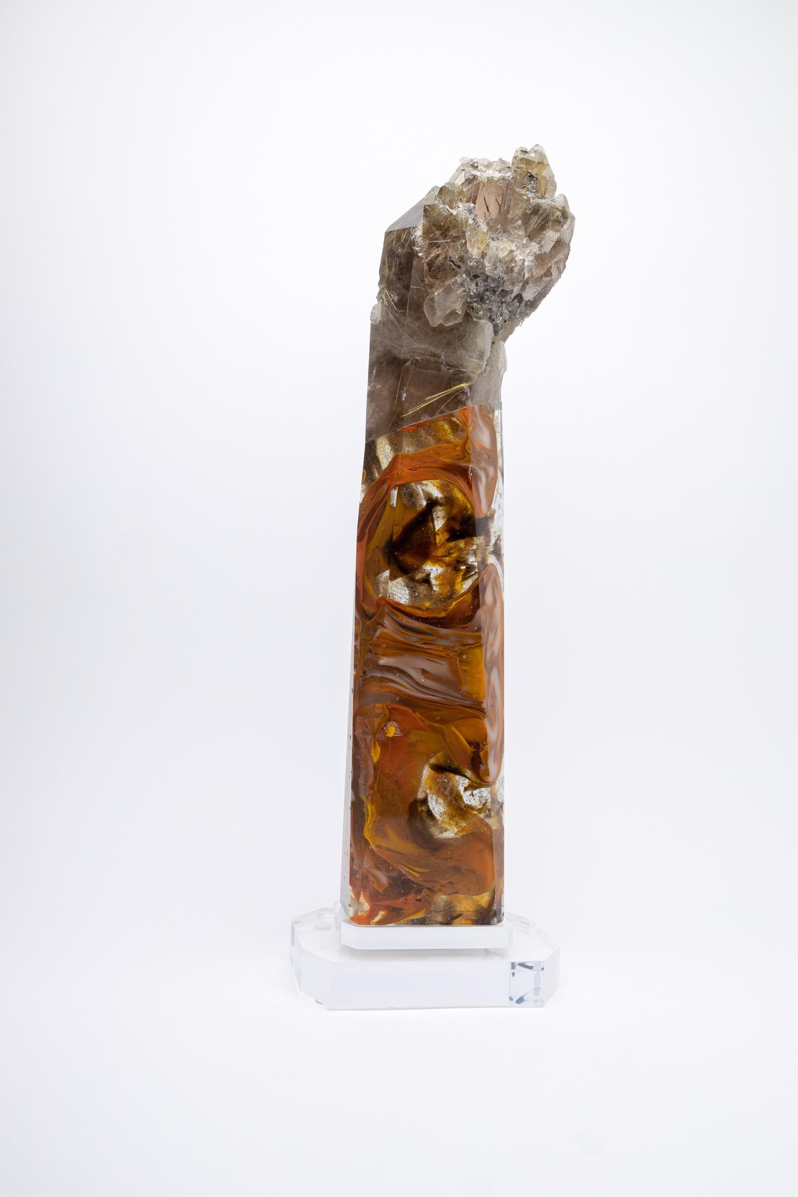 Contemporary Citrine Rutilated Quartz and Glass Sculpture on Acrylic Base For Sale