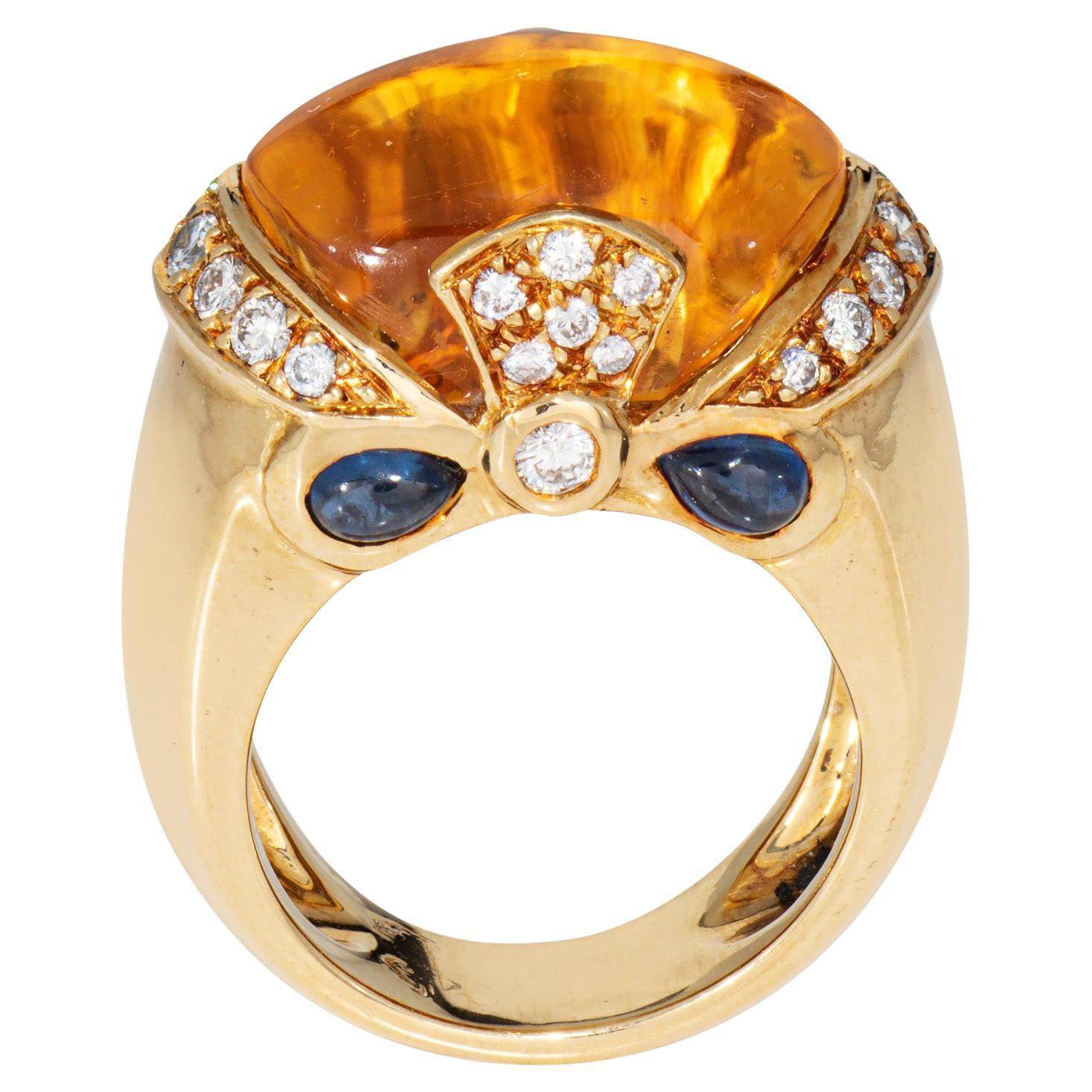Anello Citrino Zaffiro Diamante Vintage Oro Giallo 18k Sz 5 Gioielli da Cocktail