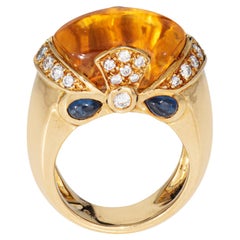 Citrin Saphir Diamant Ring Vintage 18k Gelbgold Gr. 5 Cocktail-Schmuck