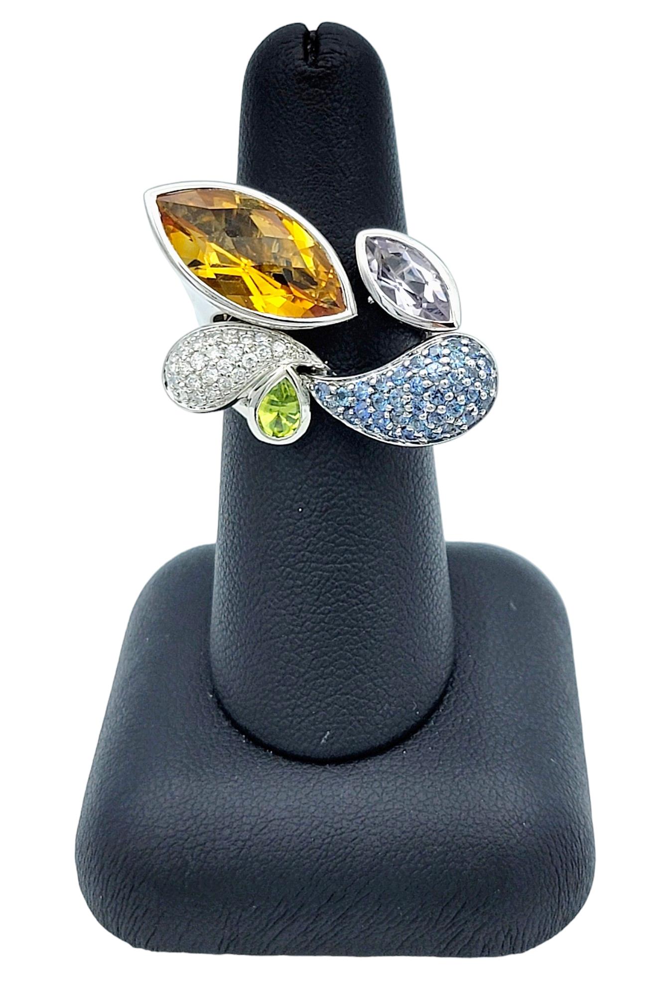 Citrine, Sapphire, Rose Quartz, Diamond and Peridot Ring in 18 Karat White Gold For Sale 2