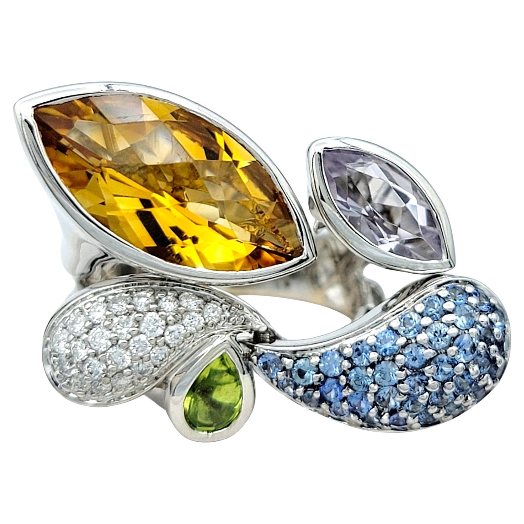 Citrine, Sapphire, Rose Quartz, Diamond and Peridot Ring in 18 Karat White Gold For Sale