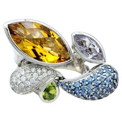 Citrine, Sapphire, Rose Quartz, Diamond and Peridot Ring in 18 Karat White Gold