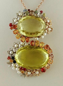 Pendentif rétro en or blanc et rose 14 carats, citrine, saphirs, perles