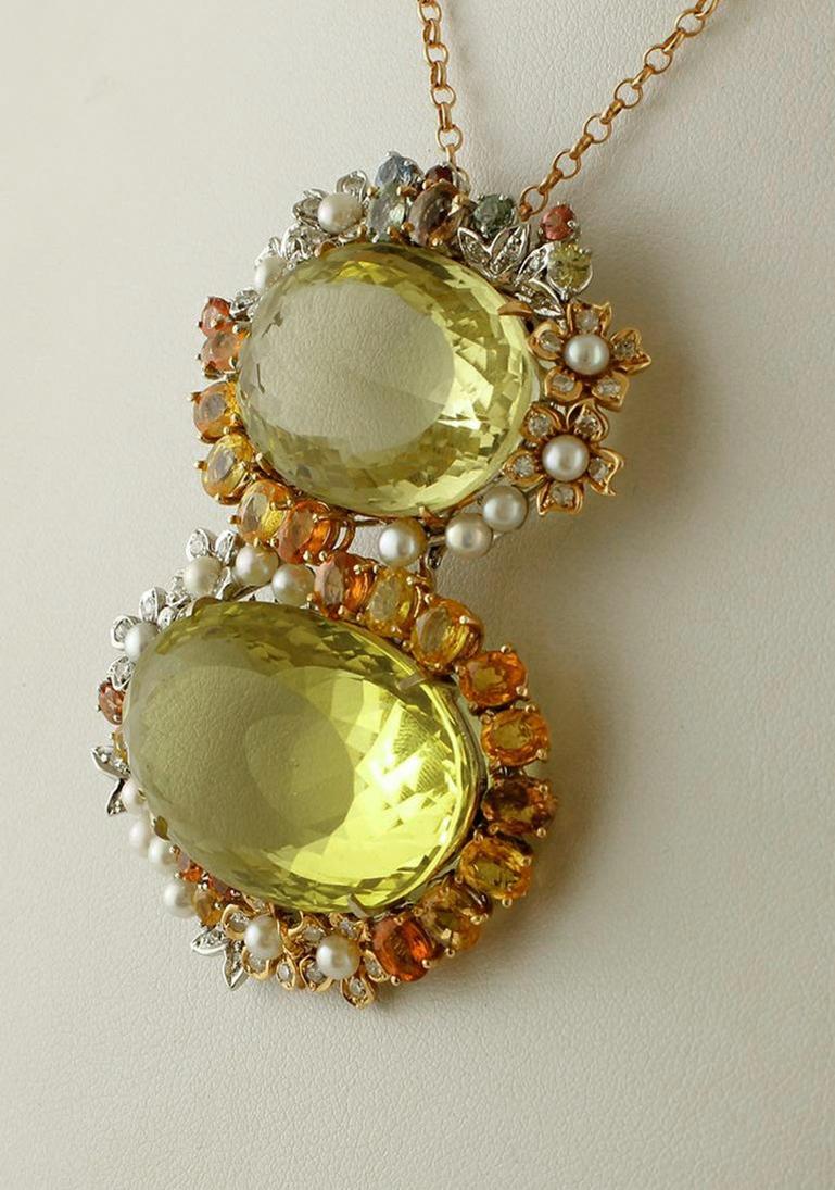 Round Cut Citrine, Sapphires, Pearls, 14 Karat White and Rose Gold Retro Pendant For Sale