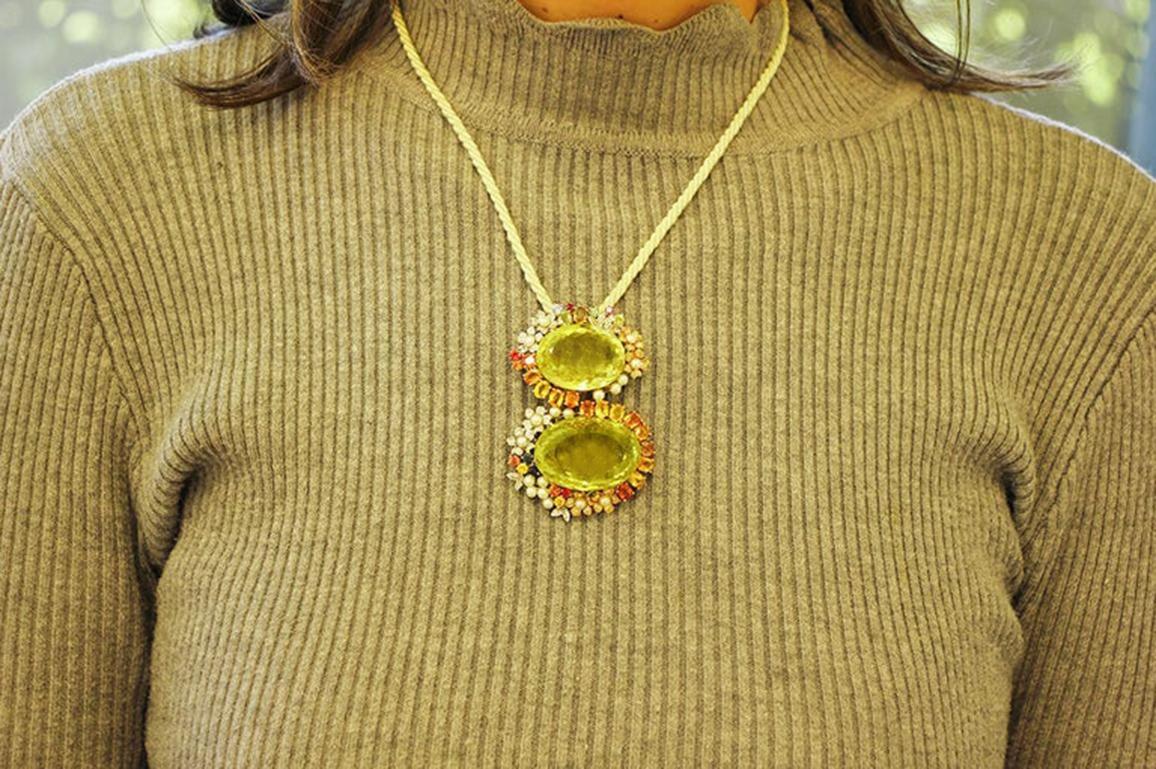 Citrine, Sapphires, Pearls, 14 Karat White and Rose Gold Retro Pendant For Sale 2