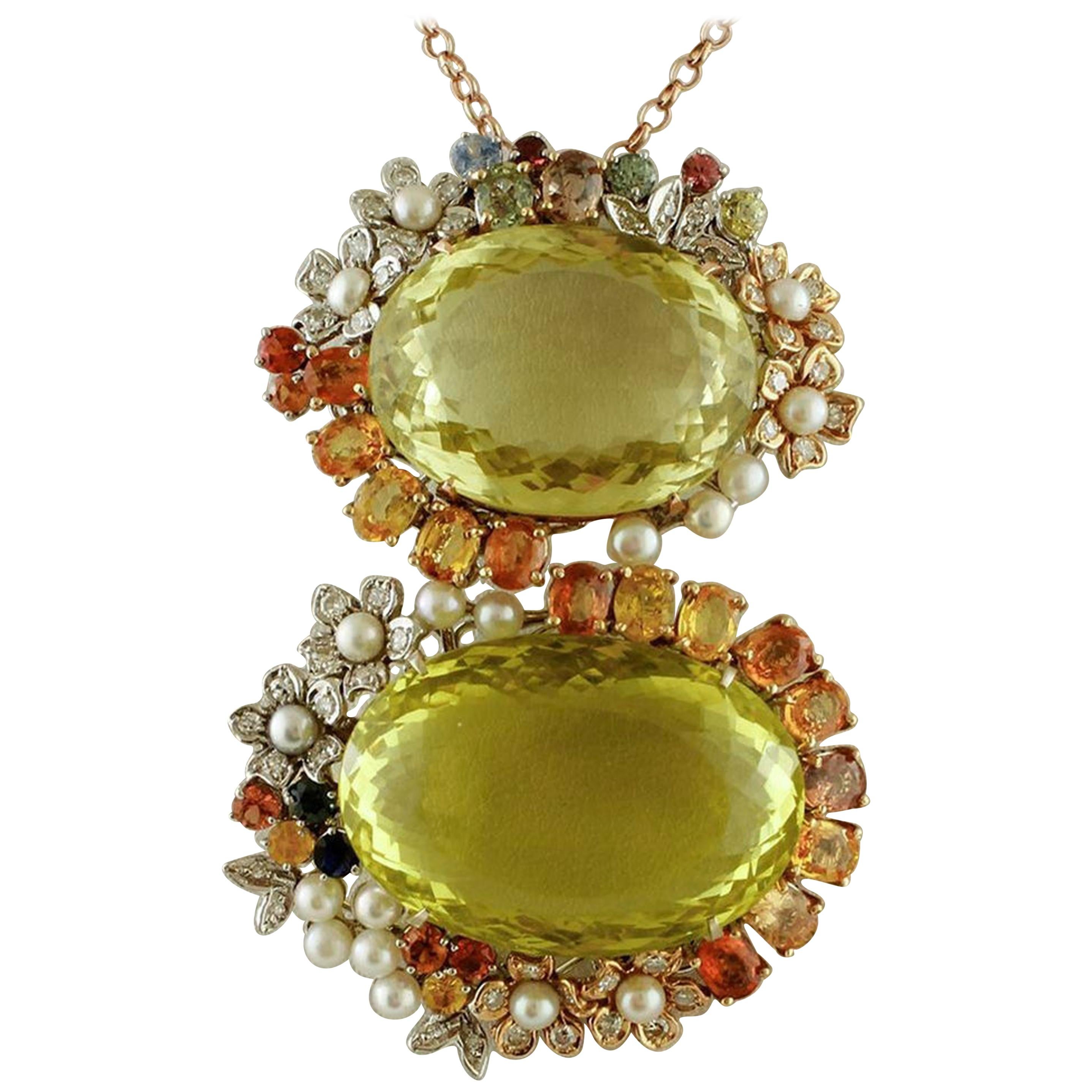 Citrine, Sapphires, Pearls, 14 Karat White and Rose Gold Retro Pendant For Sale