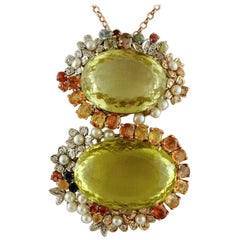 Citrine, Sapphires, Pearls, 14 Karat White and Rose Gold Vintage Pendant