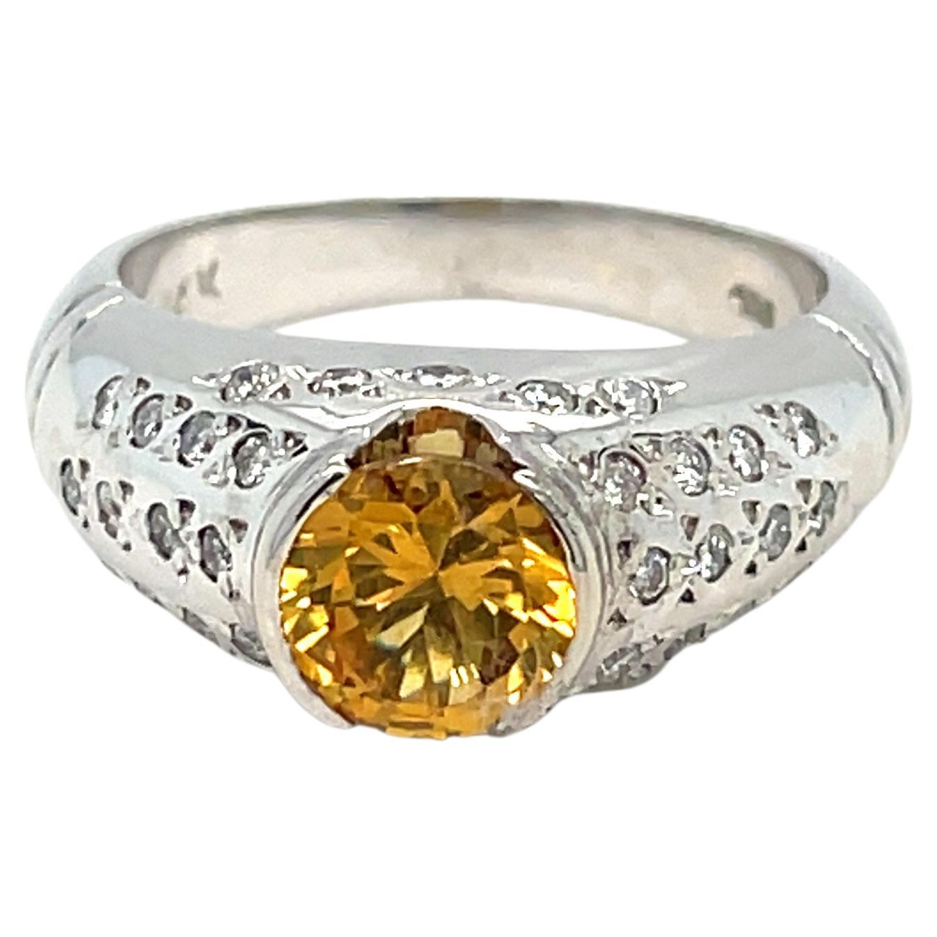 Citrine Scattered Diamond Ring 14K White Gold  For Sale