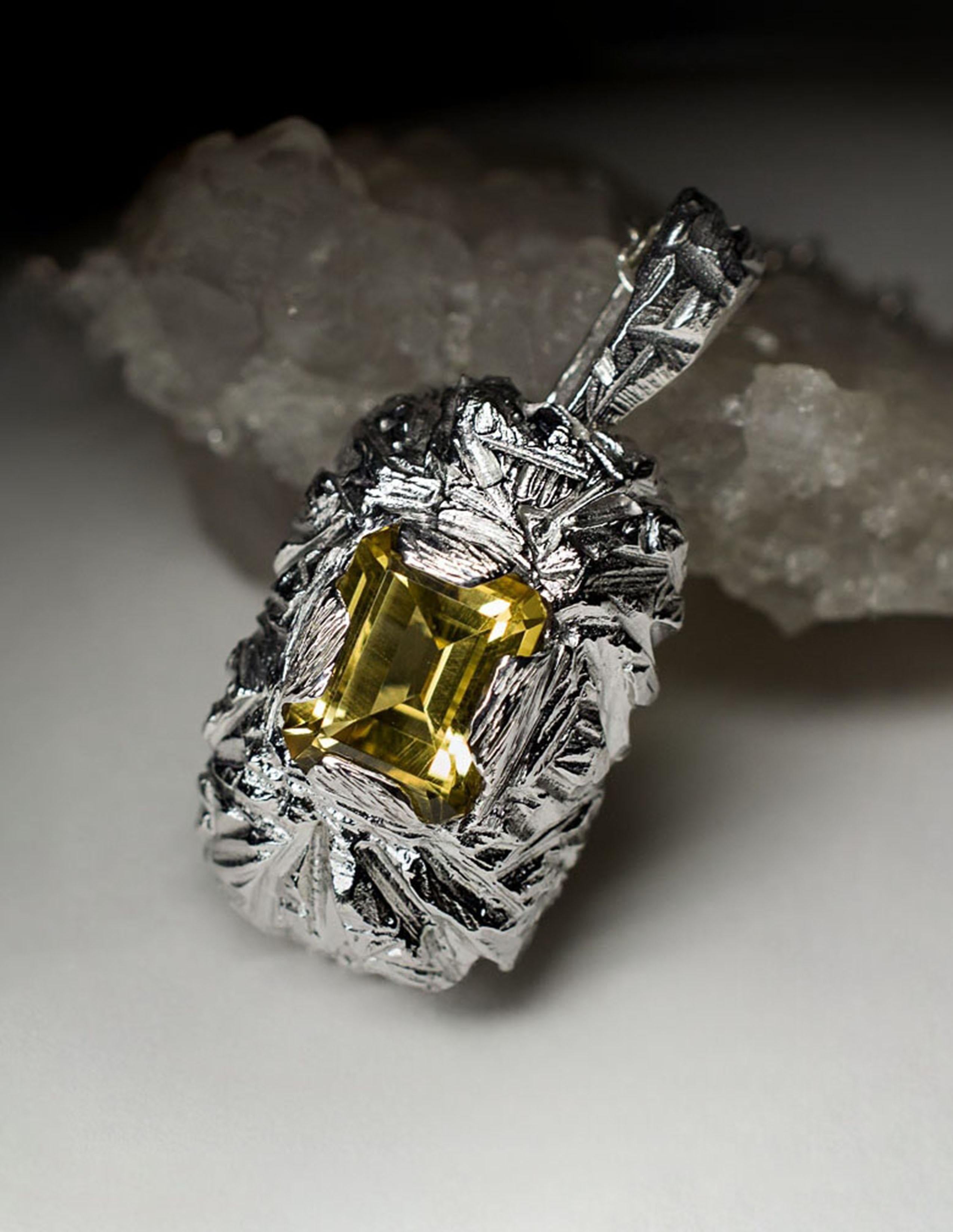 Emerald Cut Citrine Silver Pendant Classic Octagon Cut Bright Yellow Quartz Natural Gemstone For Sale