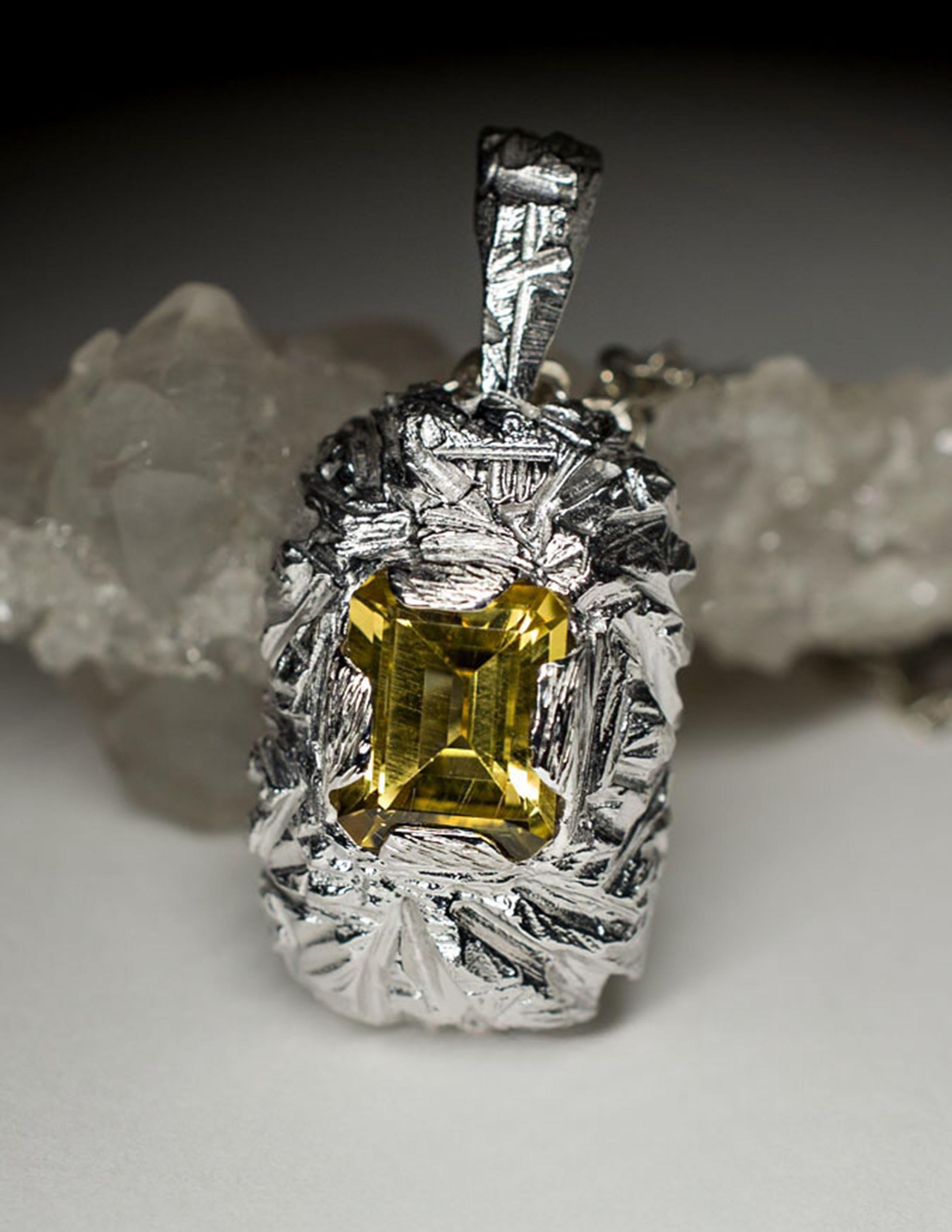 Women's or Men's Citrine Silver Pendant Classic Octagon Cut Bright Yellow Quartz Natural Gemstone For Sale