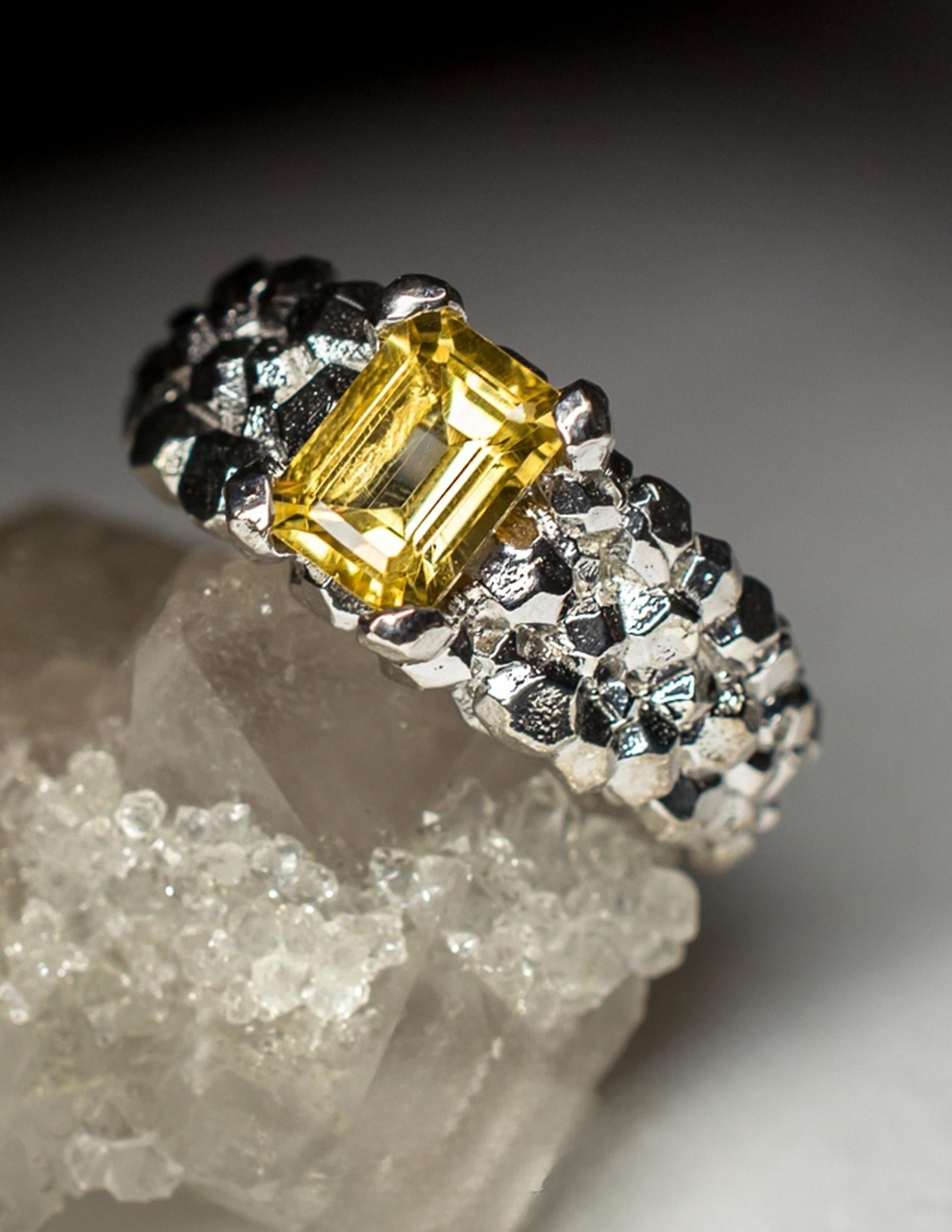 Citrine Silver Ring Classic Octagon Dandelion Yellow Sunflower Gemstone For Sale 4