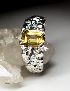 Citrine Silver Ring Classic Octagon Dandelion Yellow Sunflower Gemstone