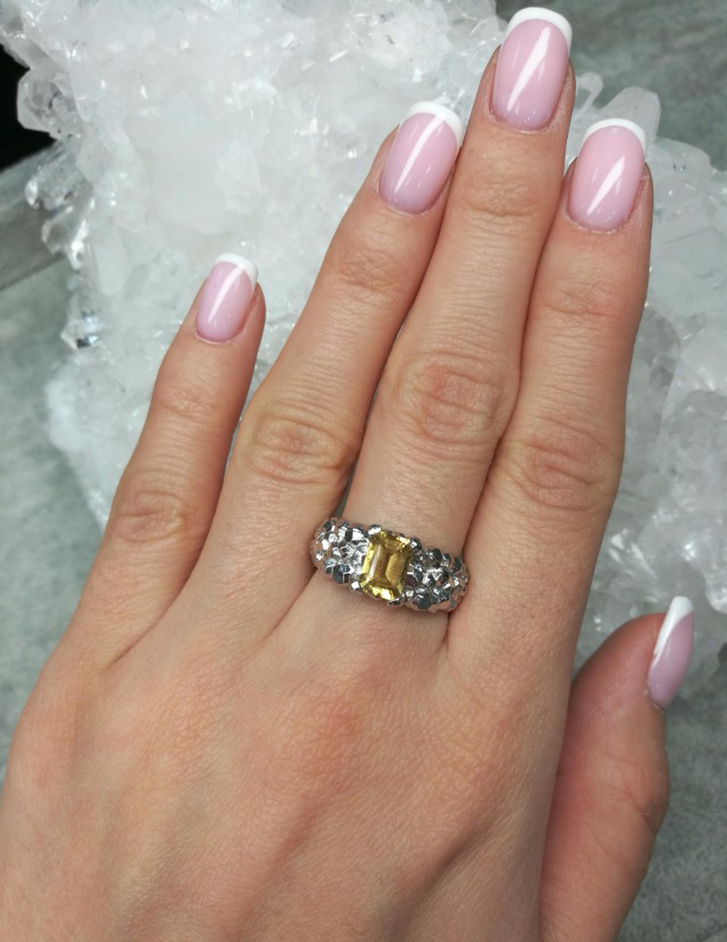 Artisan Citrine Silver Ring Classic Octagon Dandelion Yellow Sunflower Gemstone For Sale