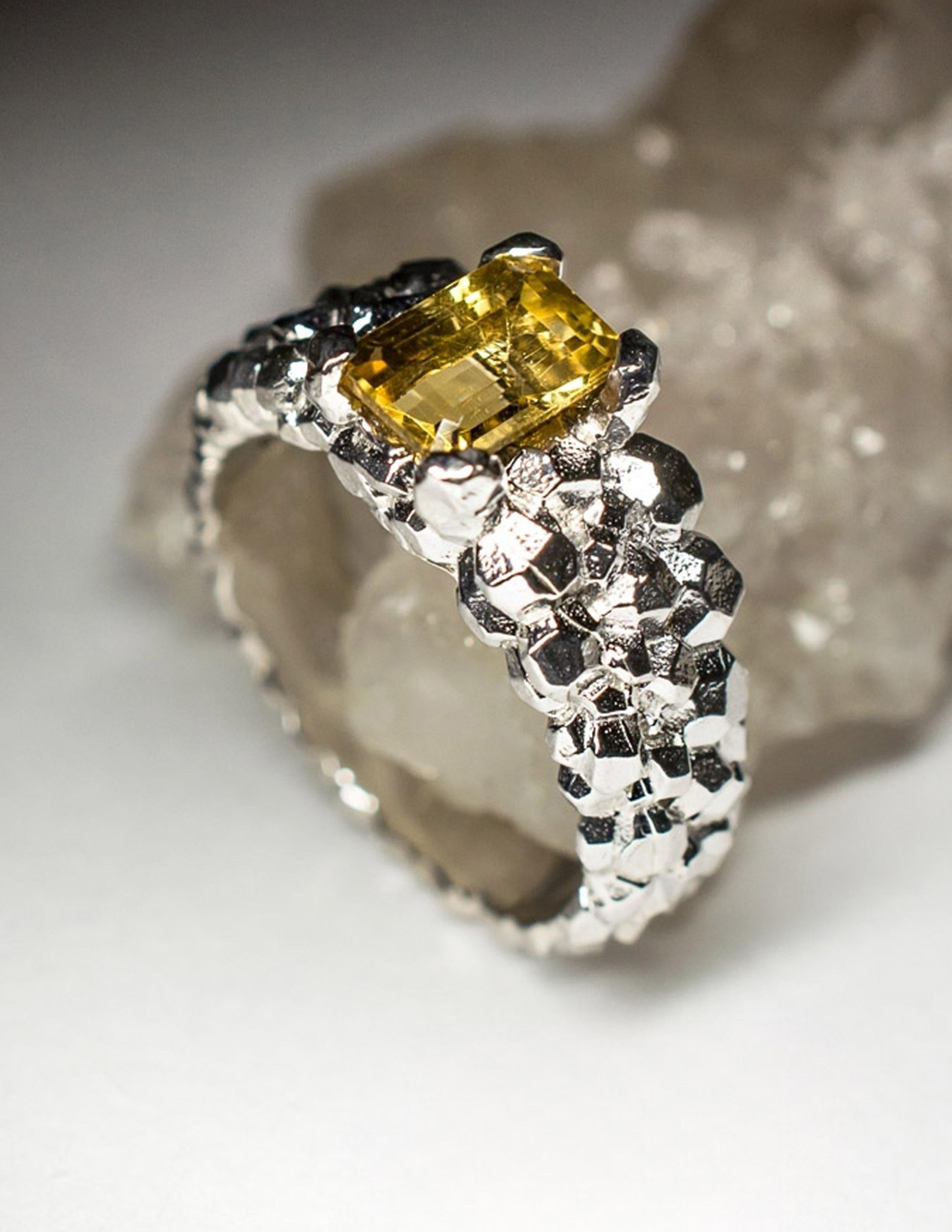 Citrine Silver Ring Classic Octagon Dandelion Yellow Sunflower Gemstone For Sale 1