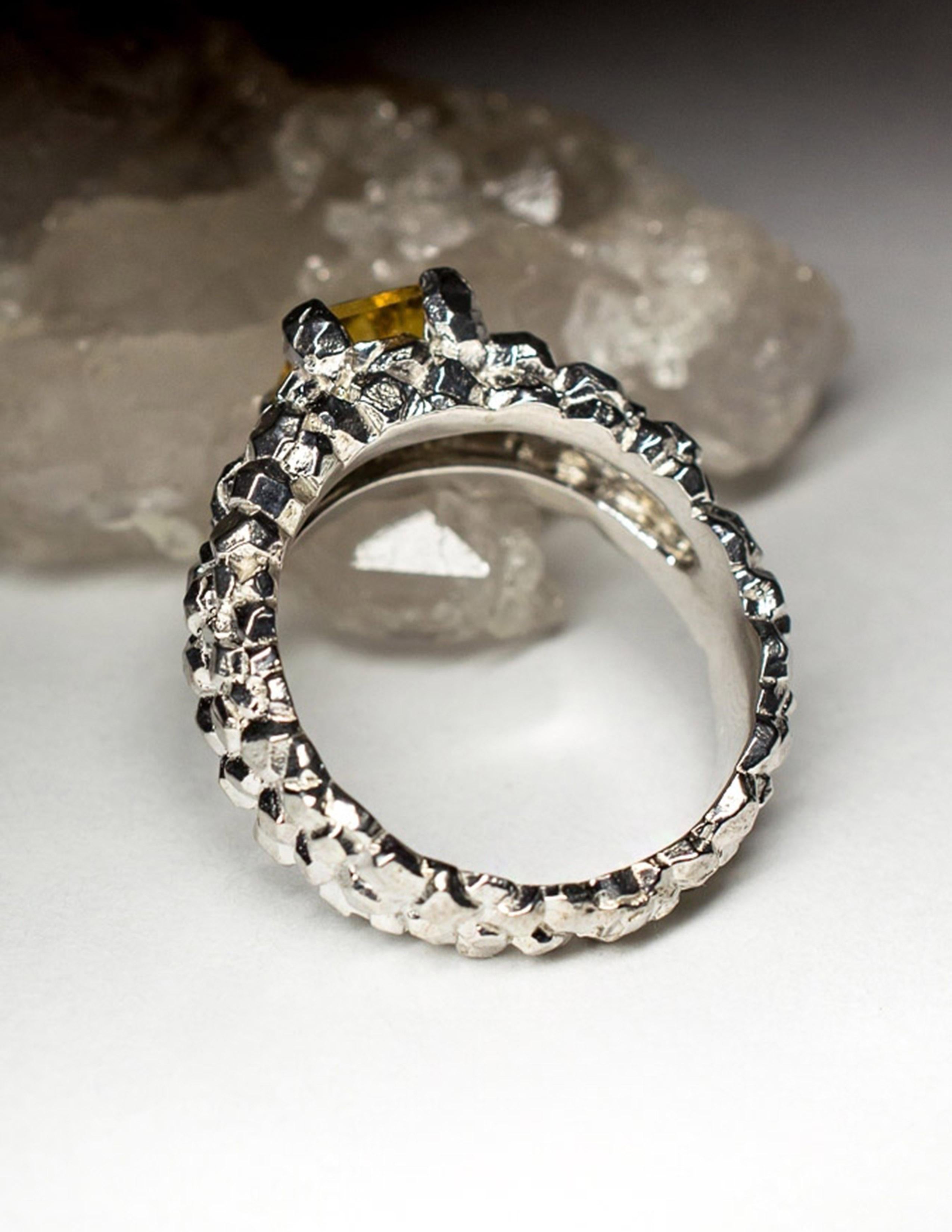 Citrine Silver Ring Classic Octagon Dandelion Yellow Sunflower Gemstone For Sale 2