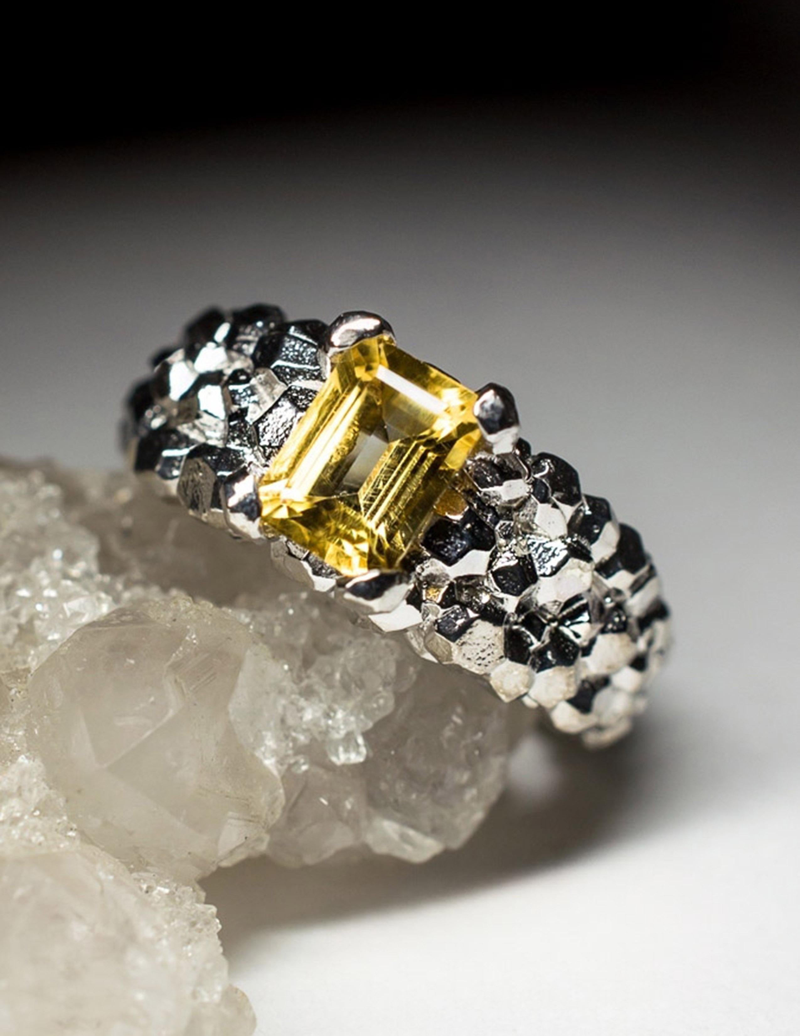 Citrine Silver Ring Classic Octagon Dandelion Yellow Sunflower Gemstone For Sale 3