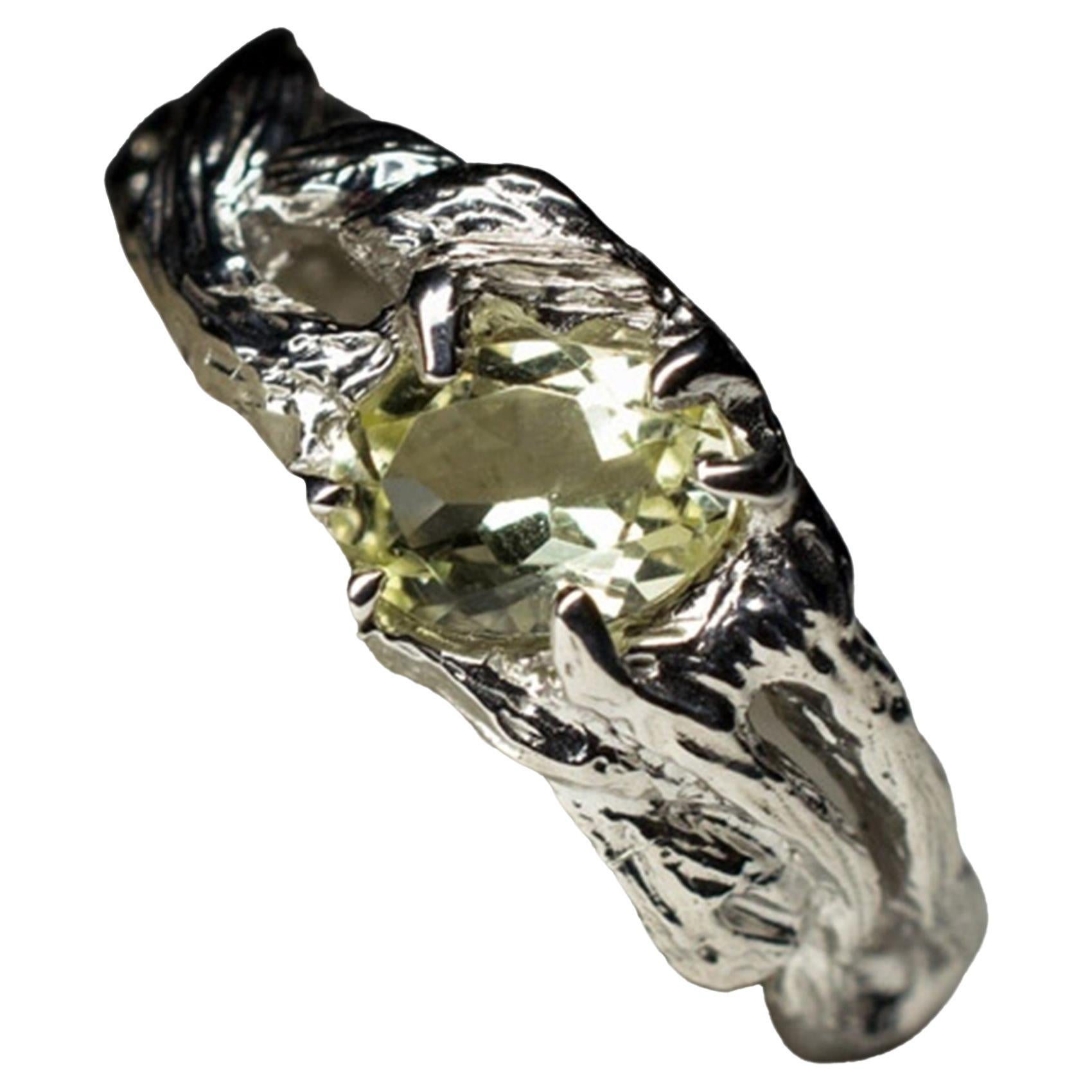 Citrine Silver Ring Pale Yellow Quartz Fantasy Oval Natural Bolivian Gemstone