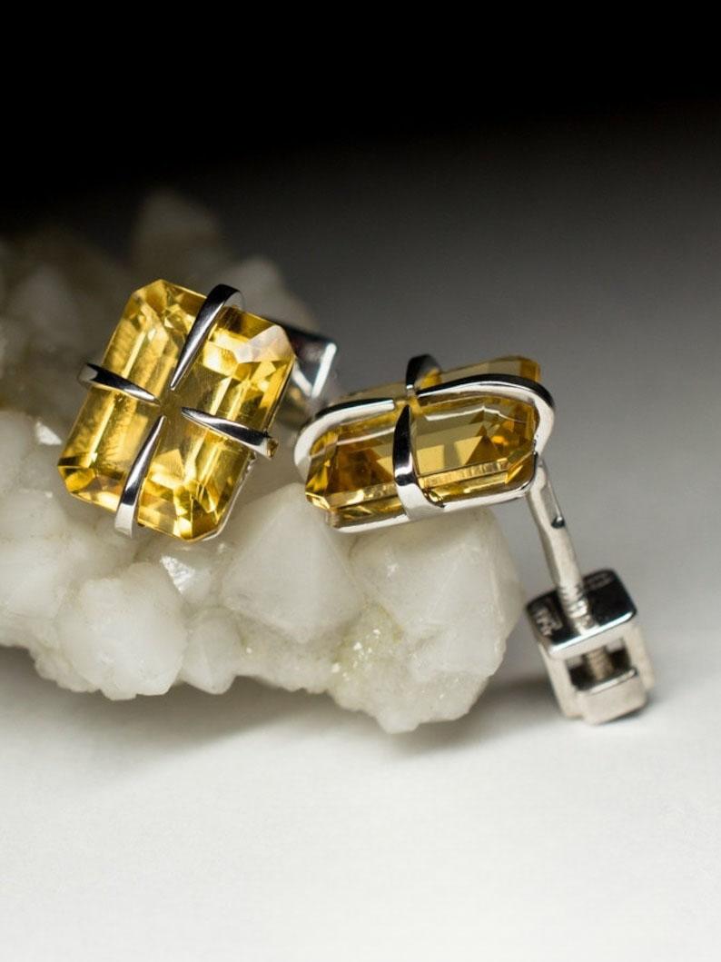 Octagon Cut Citrine Silver Stud Earrings Golden Yellow Dandelion For Sale
