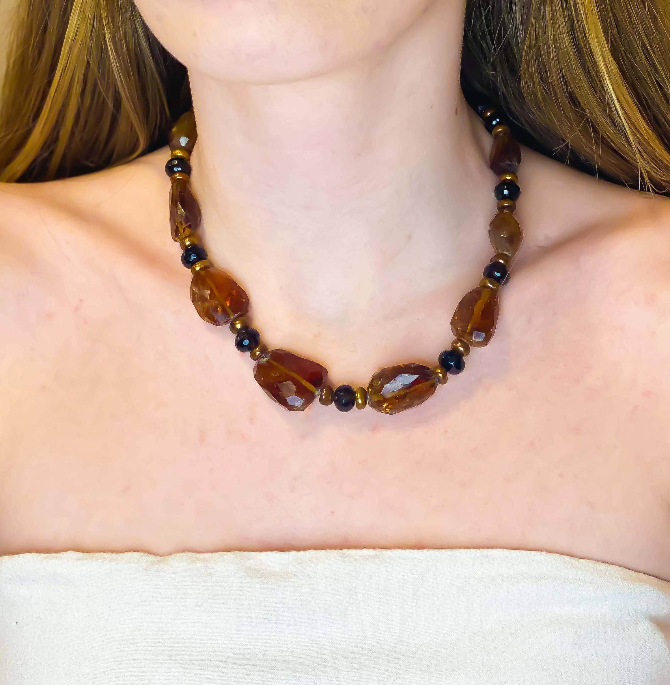 Bead Citrine & Smokey Quartz Necklace w/ Bronze Pearls & 18K Gold Clasp  For Sale
