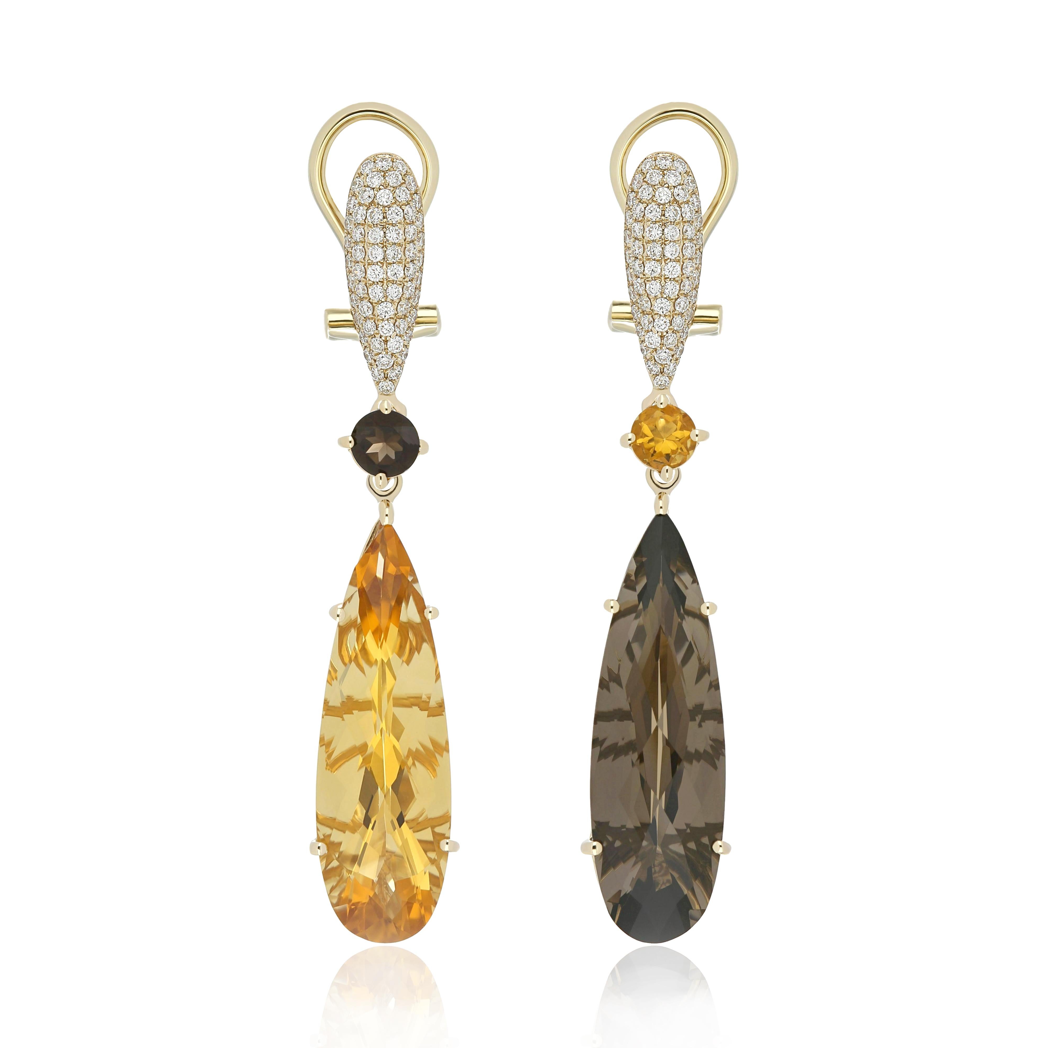 Citrin, Rauchquarz und Diamant-Ohrring „Mis-Matched“ aus 14 Karat Gelbgold (Tropfenschliff) im Angebot