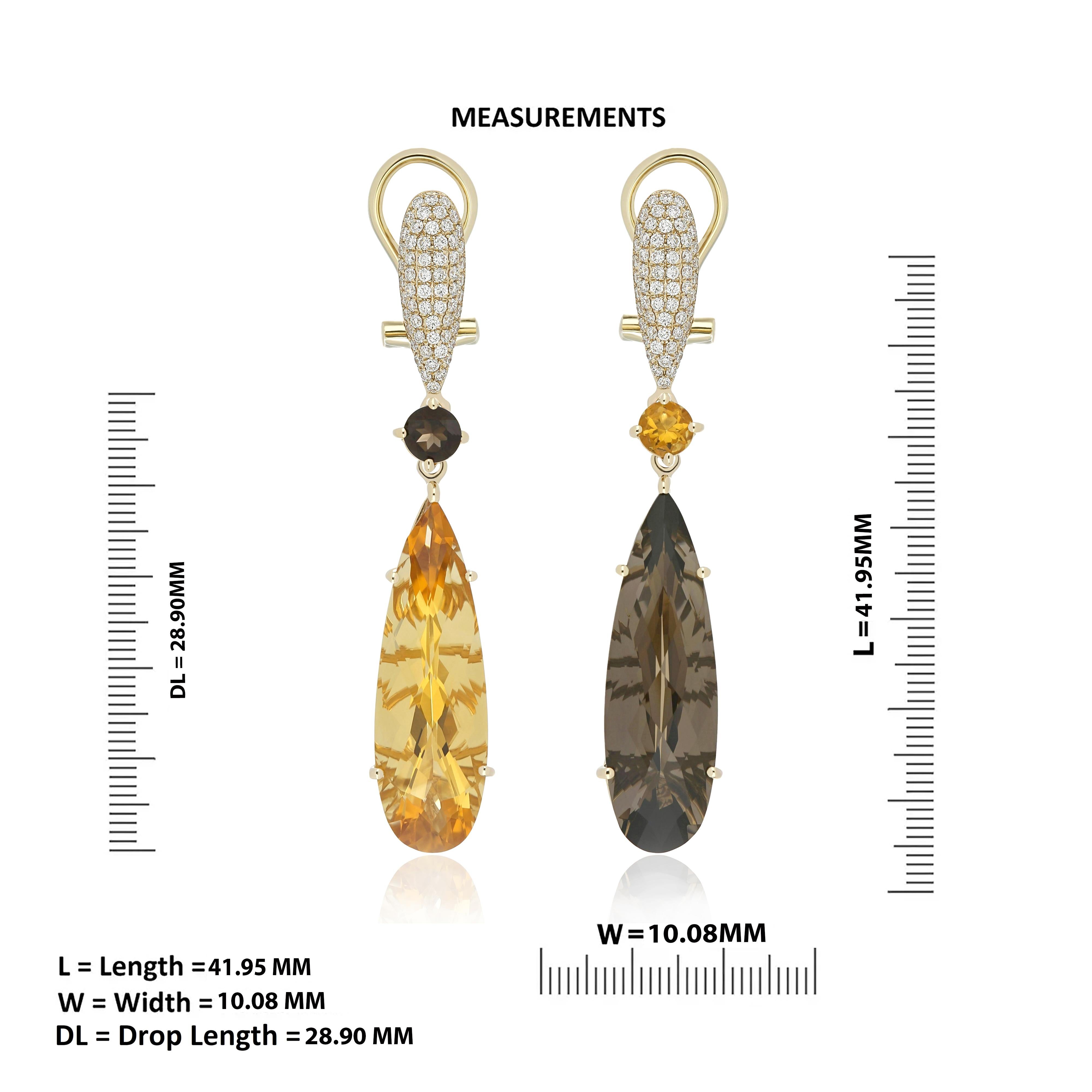 Citrin, Rauchquarz und Diamant-Ohrring „Mis-Matched“ aus 14 Karat Gelbgold im Zustand „Neu“ im Angebot in JAIPUR, IN
