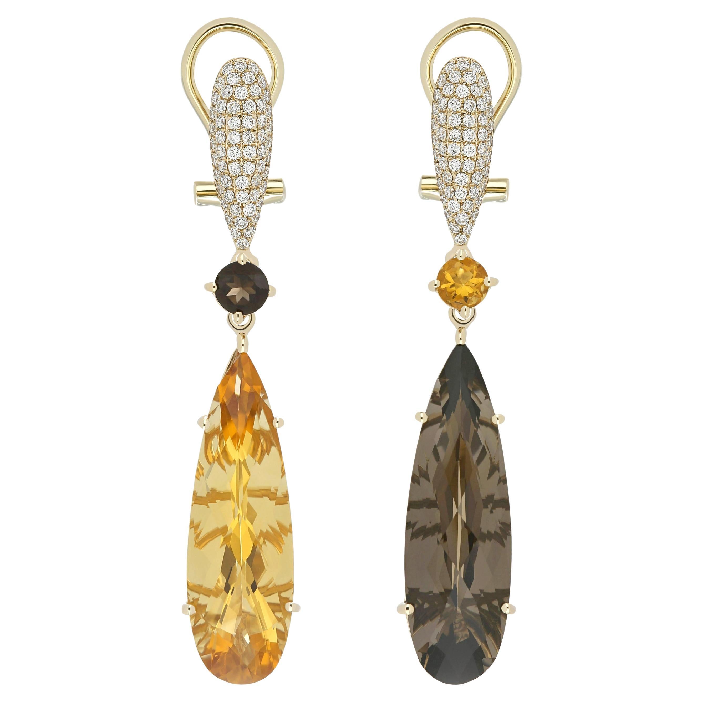 Citrine, Smoky Quartz and Diamond "Mis-Matched" Earring in 14 Karat Yellow Gold For Sale