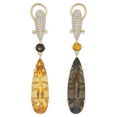 Citrine, Smoky Quartz and Diamond "Mis-Matched" Earring in 14 Karat Yellow Gold