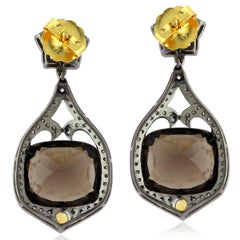 Boucles d'oreilles pendantes en or jaune 18k avec citrine et quartz fumé et diamants