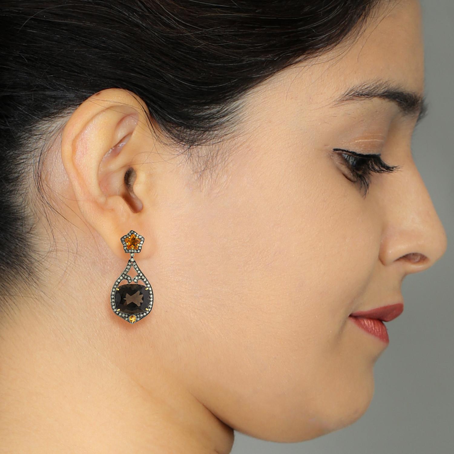 Art Déco Orecchini pendenti in citrino e quarzo fumé con diamanti in oro giallo 18 carati in vendita