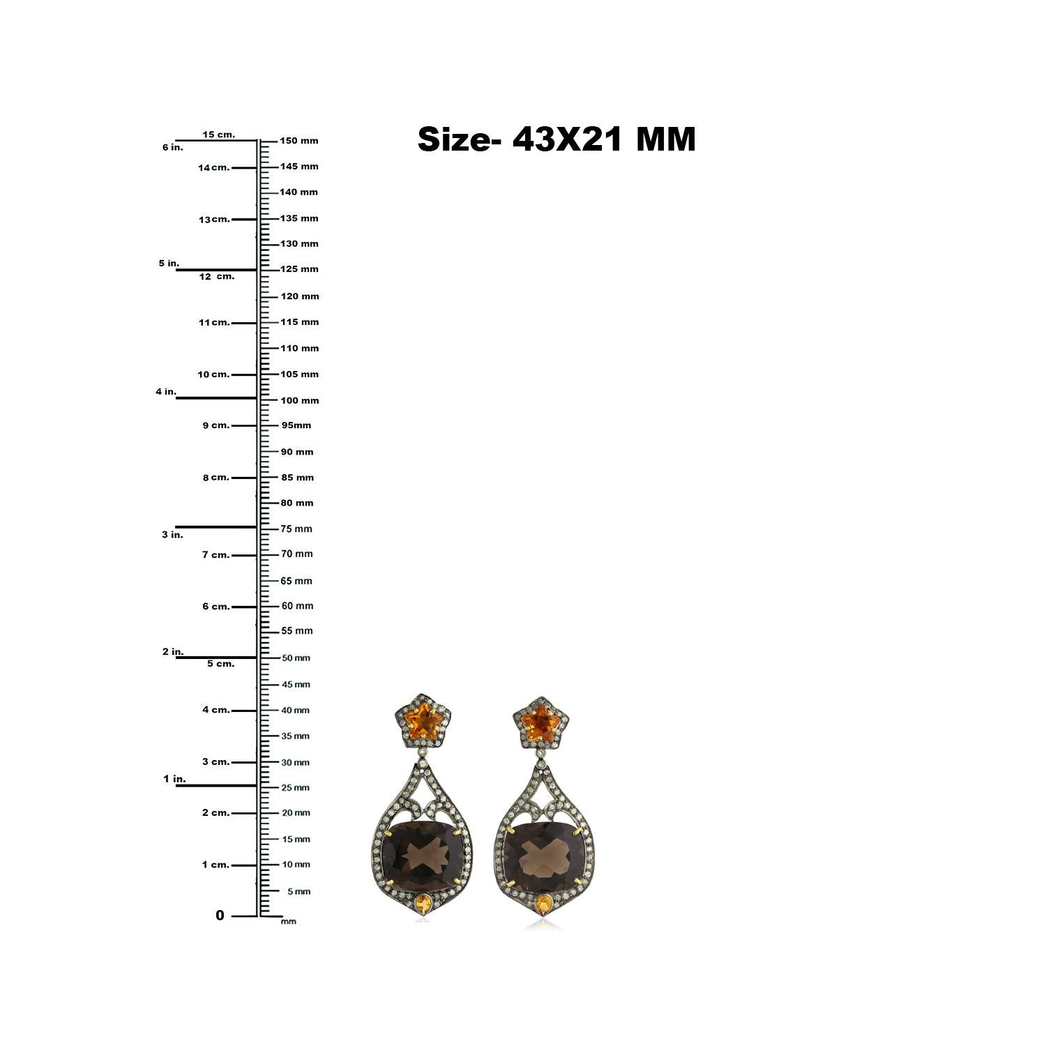 Taglio misto Orecchini pendenti in citrino e quarzo fumé con diamanti in oro giallo 18 carati in vendita