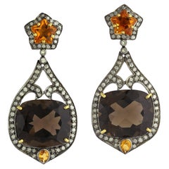 Citrine & Smoky Quartz Dangle Earrings With Diamonds In 18k Yellow Gold