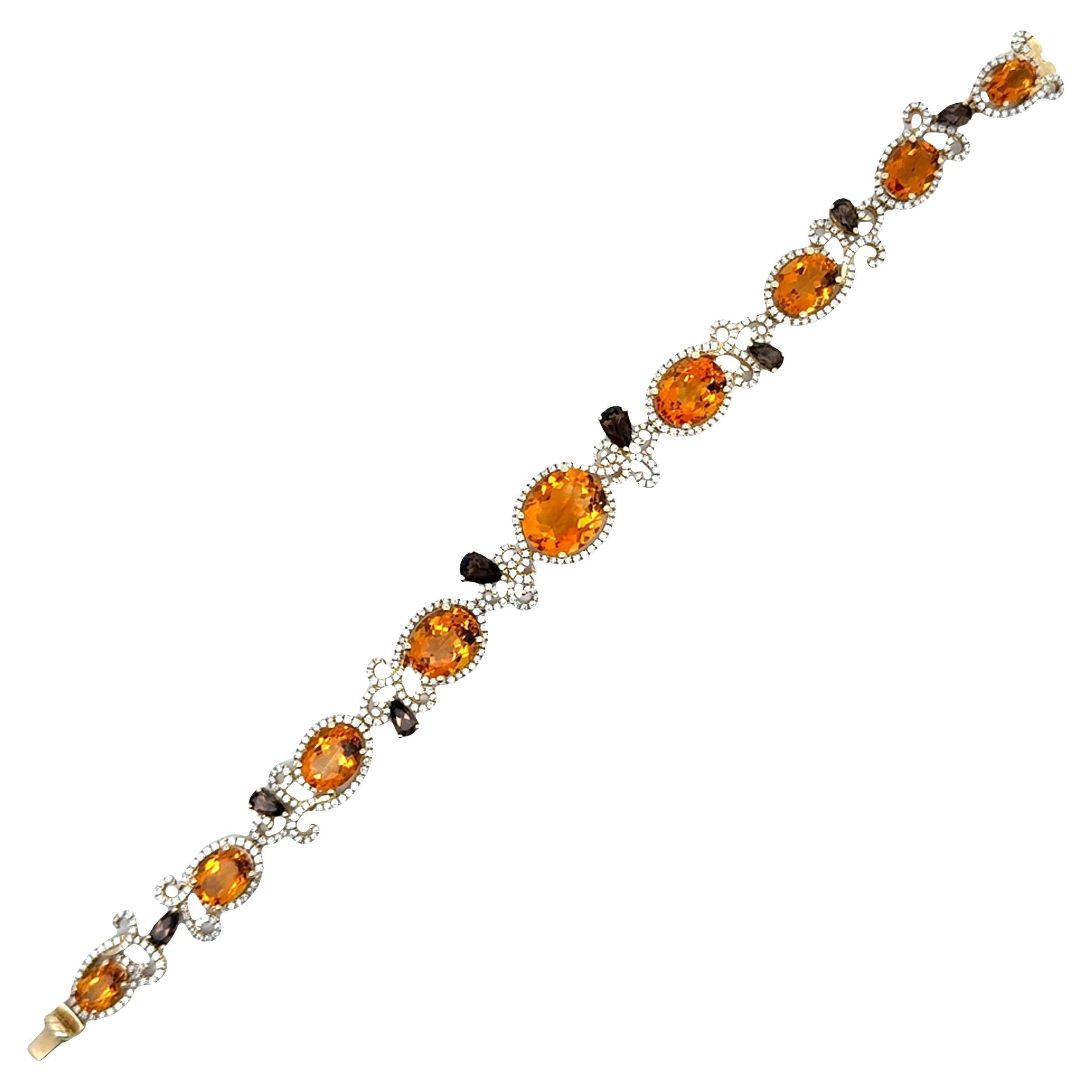 Citrine Smoky Topaz Diamond 14K Yellow Gold Halo Filigree Bracelet