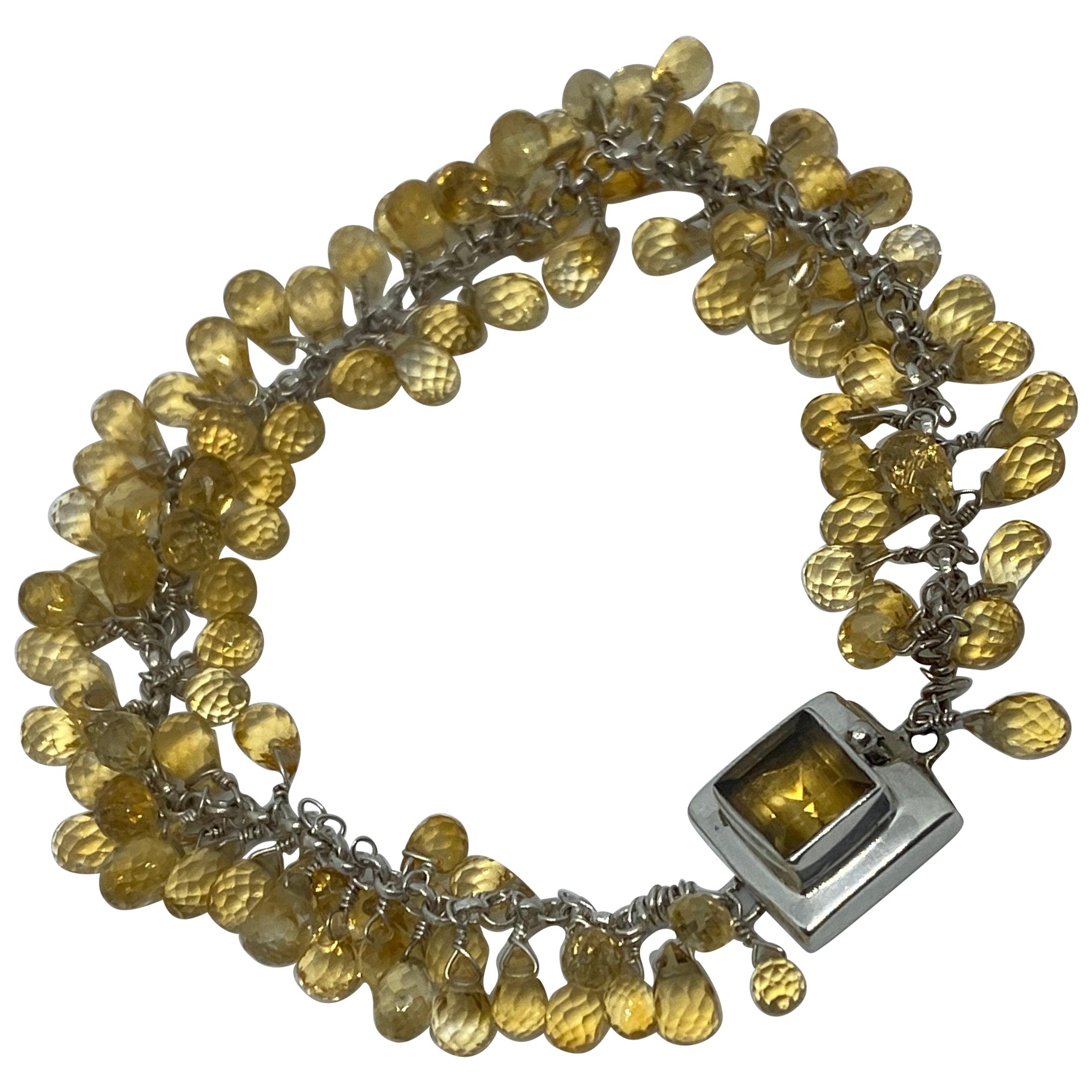 Citrine Square Cut with Briolettes in a Sterling Silver Bracelet For Sale