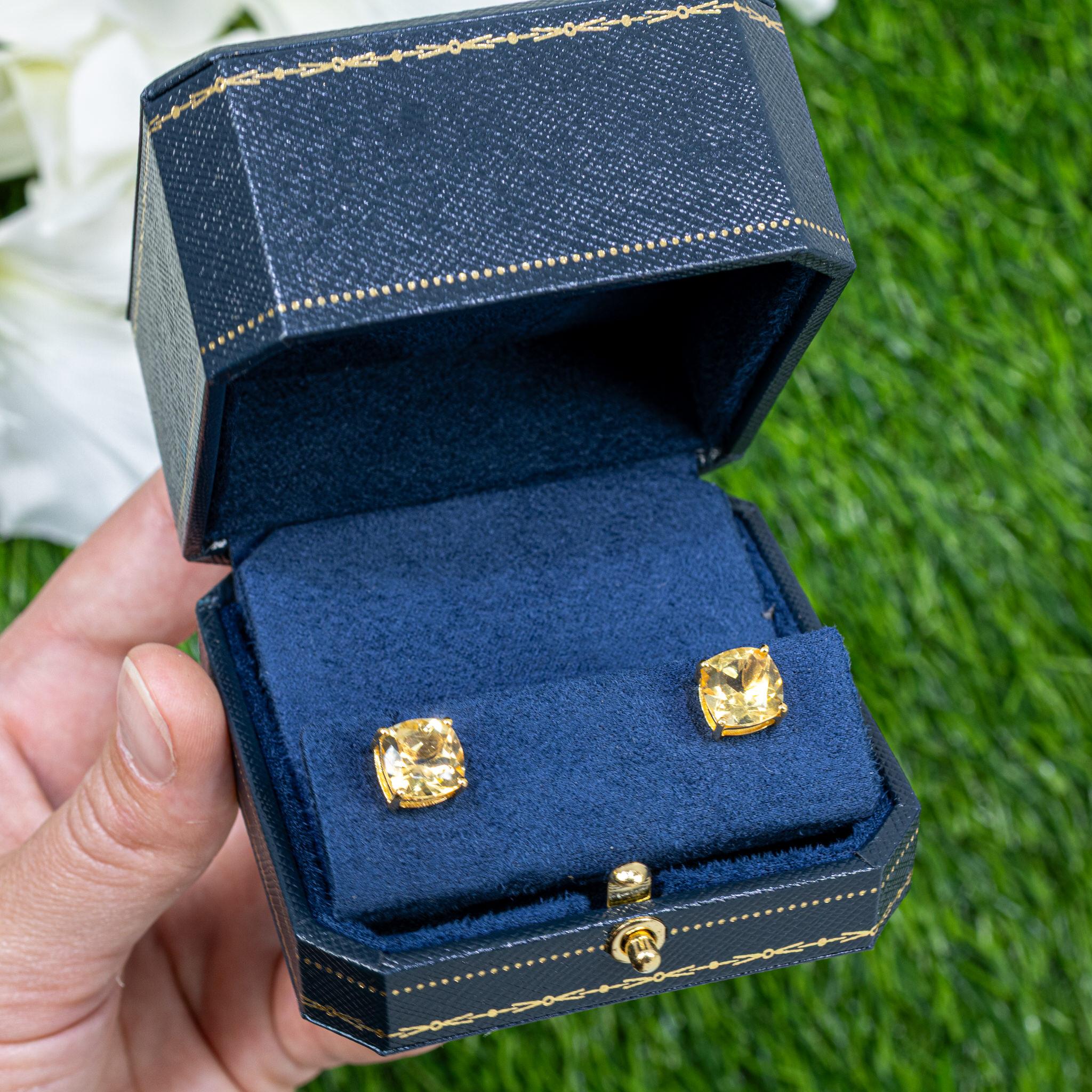 Modern Citrine Stud Earrings 5.90 Carats Total 24K Yellow Gold Plated Silver For Sale